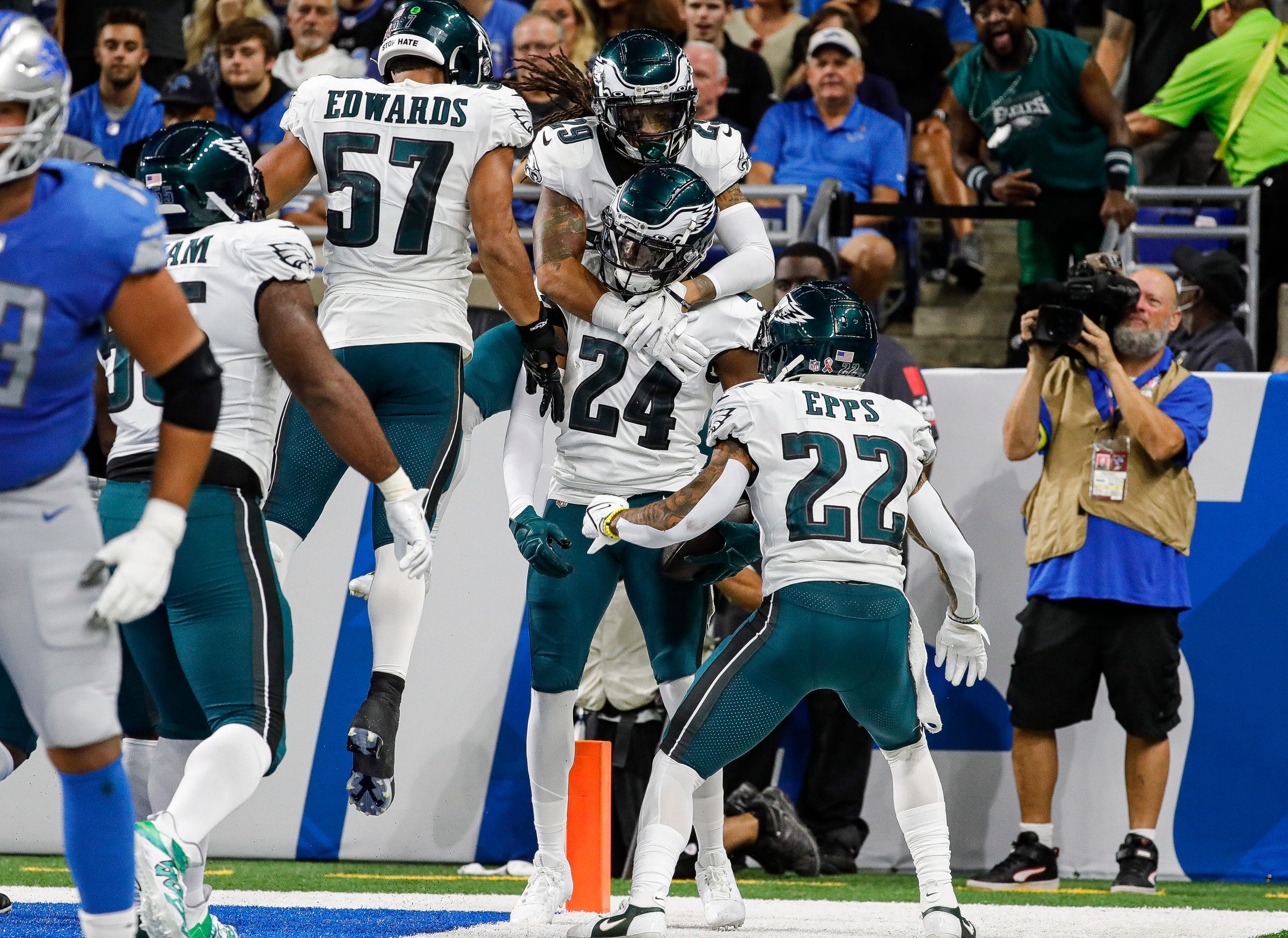 Philadelphia Eagles cornerback James Bradberry (24) scores a touchdown after intercepting the pass from Detroit Lions quarterback Jared Goff during the first half at Ford Field, Sept. 11, 2022 Nfl Philadelphia Eagles At Detroit Lions.