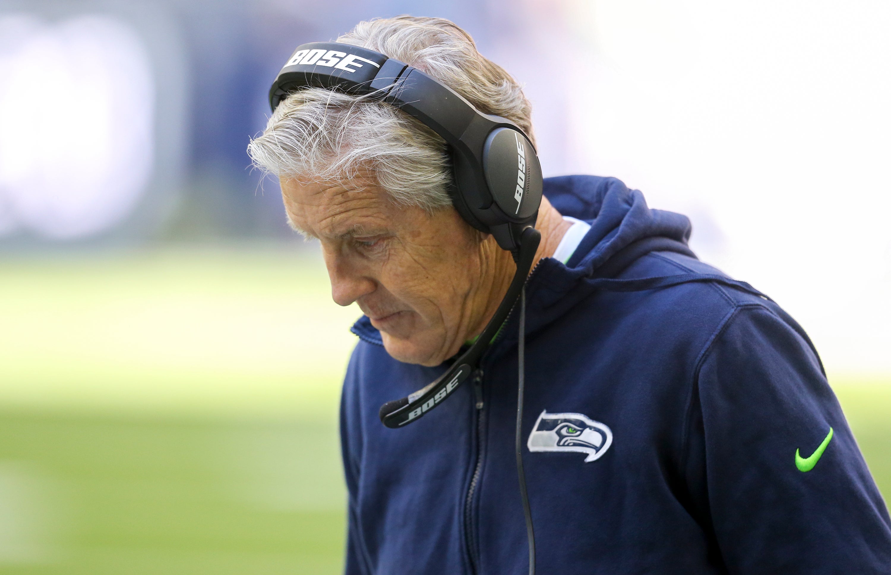 Dec 12, 2021; Houston, Texas, USA; Seattle Seahawks head coach Pete Carroll walks the sidelines as the Seahawks play against the Houston Texans in the second half at NRG Stadium.