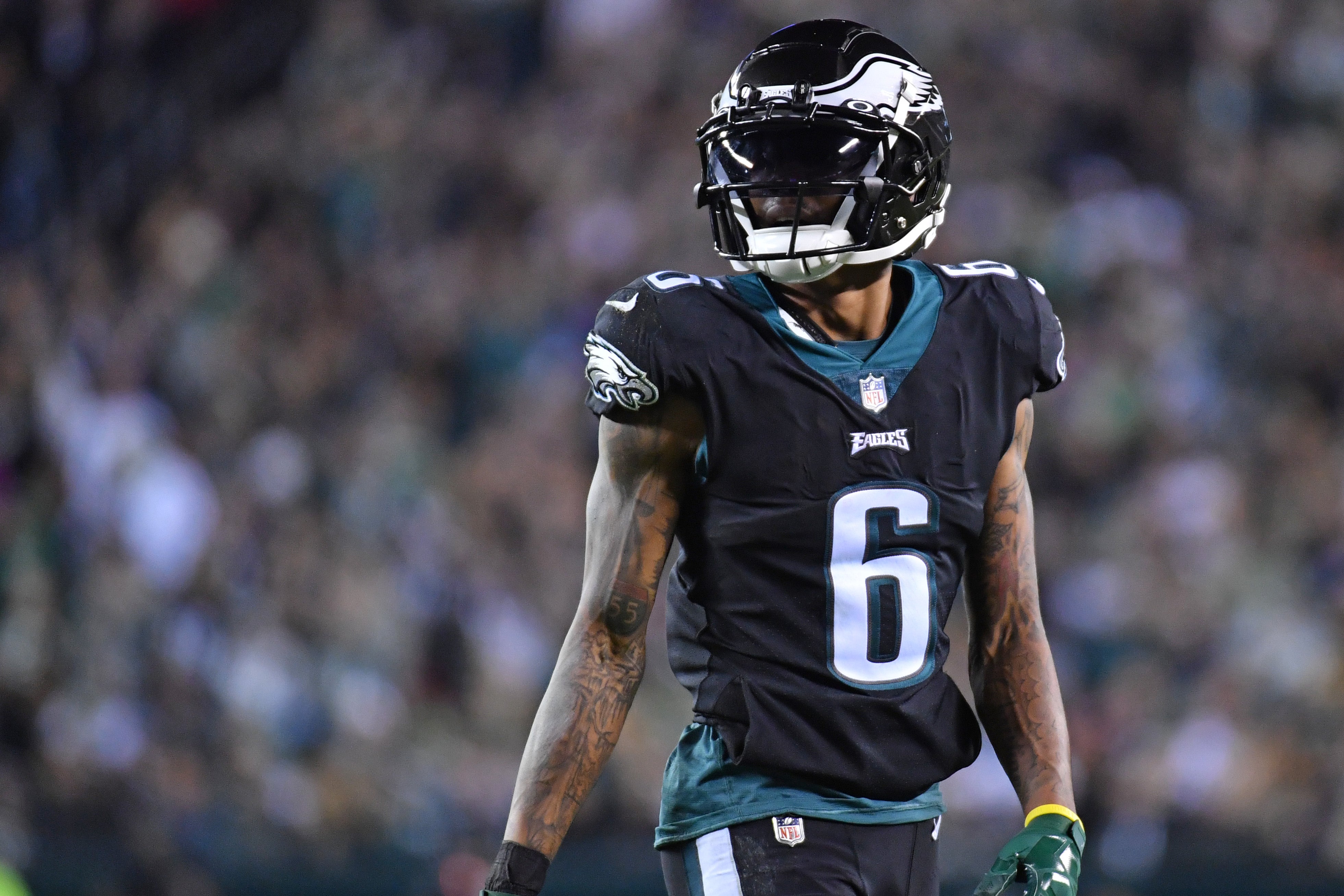 Nov 27, 2022; Philadelphia, Pennsylvania, USA; Philadelphia Eagles wide receiver DeVonta Smith (6) against the Green Bay Packers at Lincoln Financial Field.