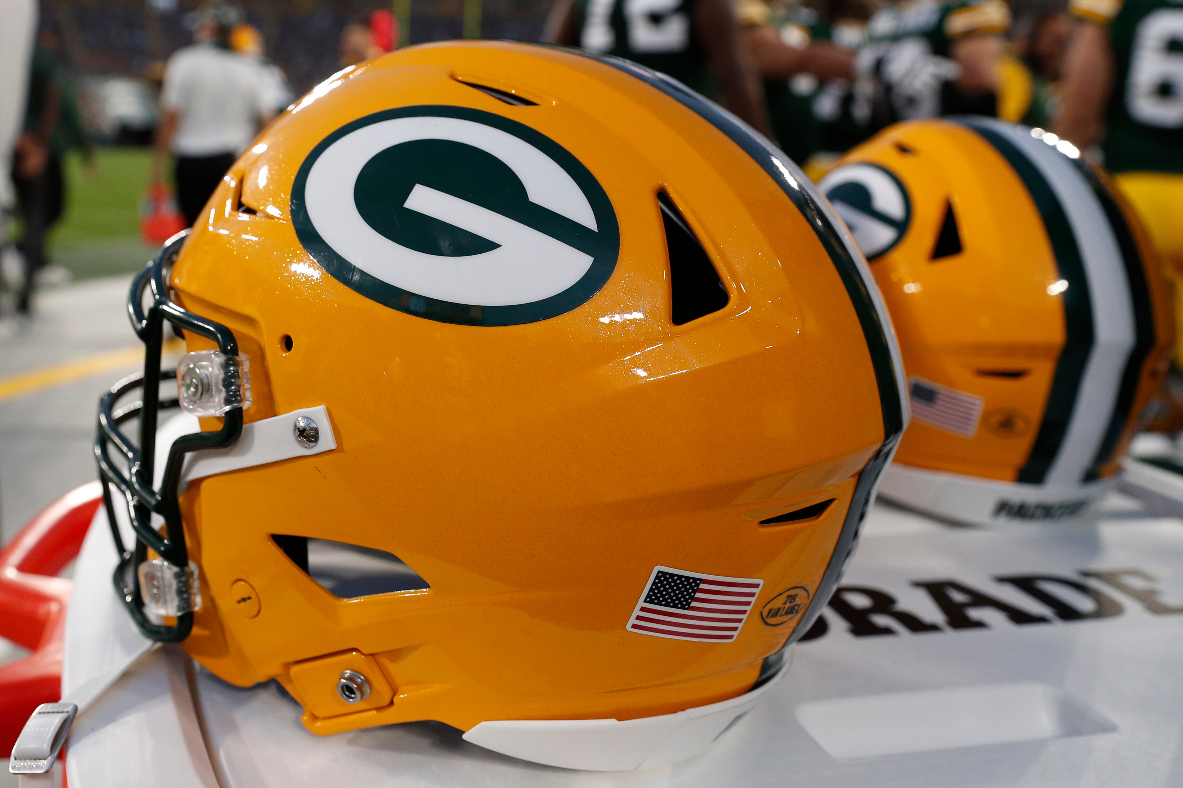 Aug 19, 2022; Green Bay, Wisconsin, USA; Green Bay Packers helmets during the game against the New Orleans Saints at Lambeau Field.