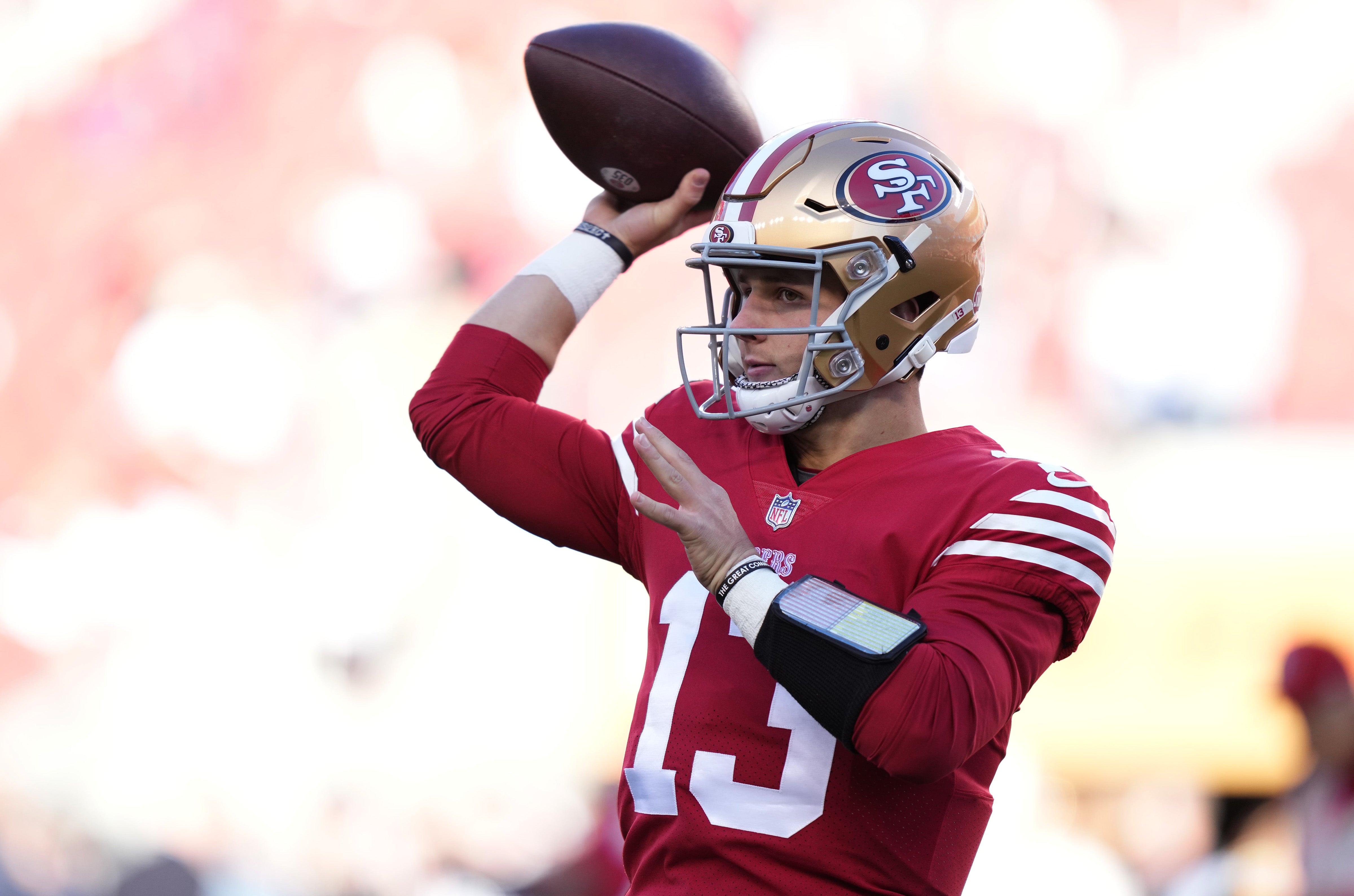 Jan 22, 2023; Santa Clara, California, USA; San Francisco 49ers quarterback Brock Purdy (13) warms up before a NFC divisional round game against the Dallas Cowboys at Levi's Stadium. Mandatory Credit: Kyle Terada-USA TODAY Sports