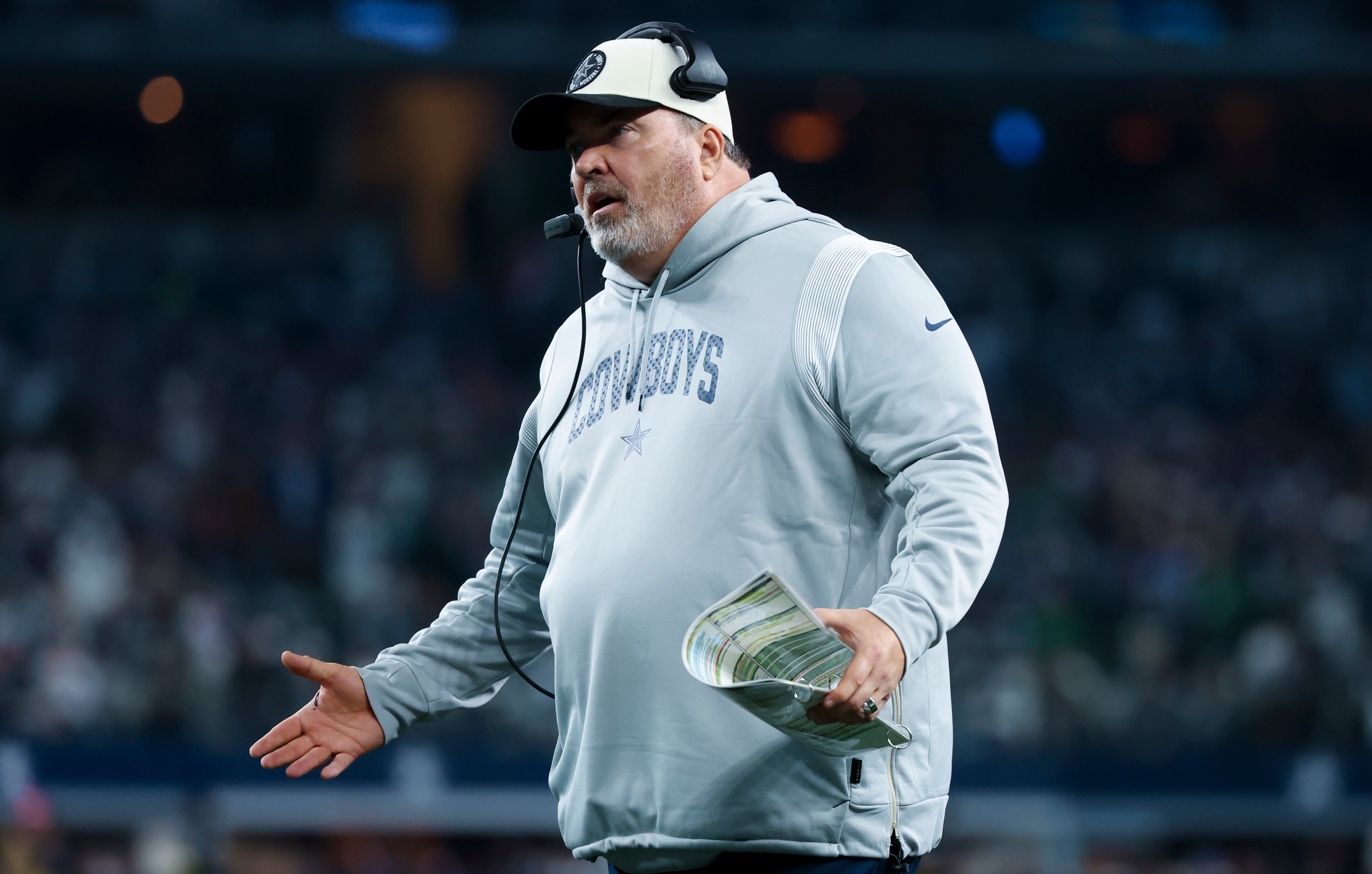 Dec 24, 2022; Arlington, Texas, USA; Dallas Cowboys head coach Mike McCarthy reacts during the second half against the Philadelphia Eagles at AT&T Stadium.