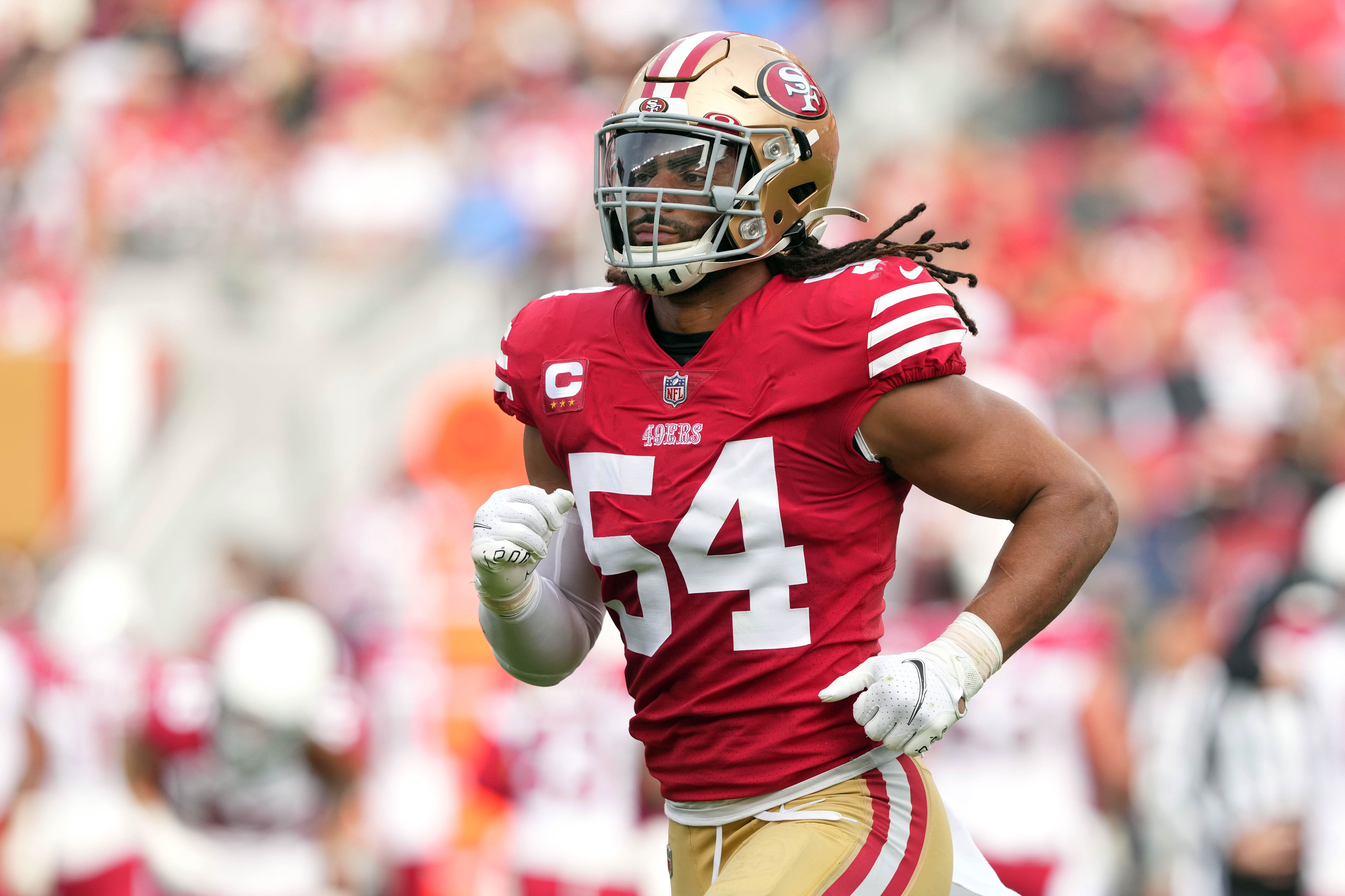 Jan 8, 2023; Santa Clara, California, USA; San Francisco 49ers linebacker Fred Warner (54) during the first quarter against the Arizona Cardinals at Levi's Stadium.