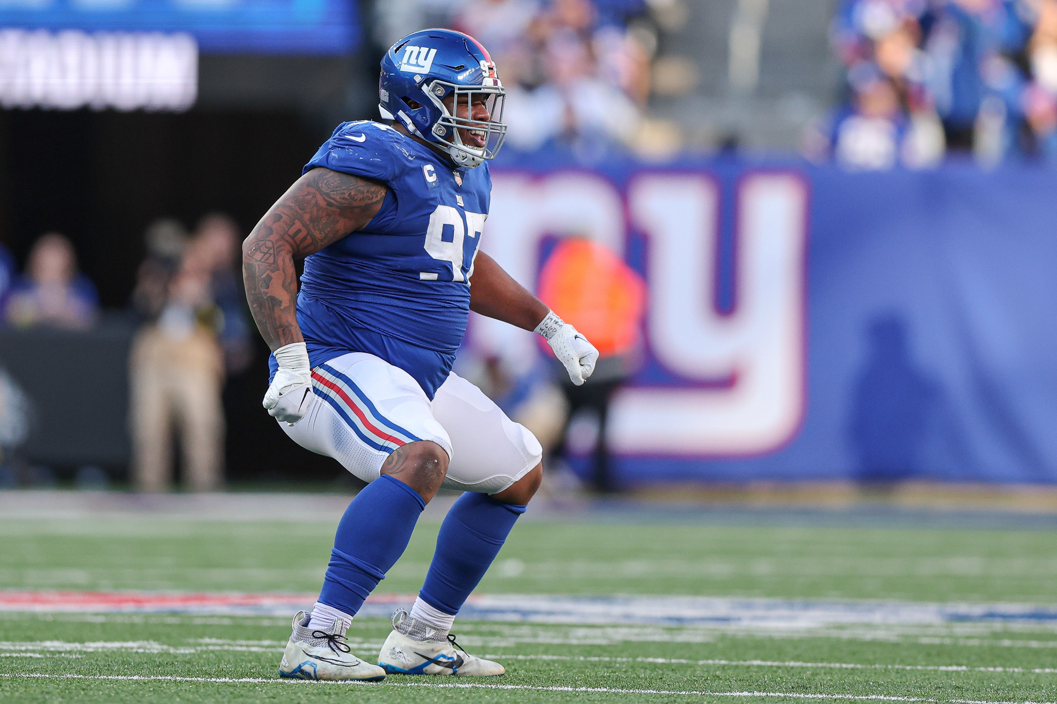 Jan 1, 2023; East Rutherford, New Jersey, USA; New York Giants defensive tackle Dexter Lawrence (97) celebrates a defensive stop during the second half against the Indianapolis Colts at MetLife Stadium.