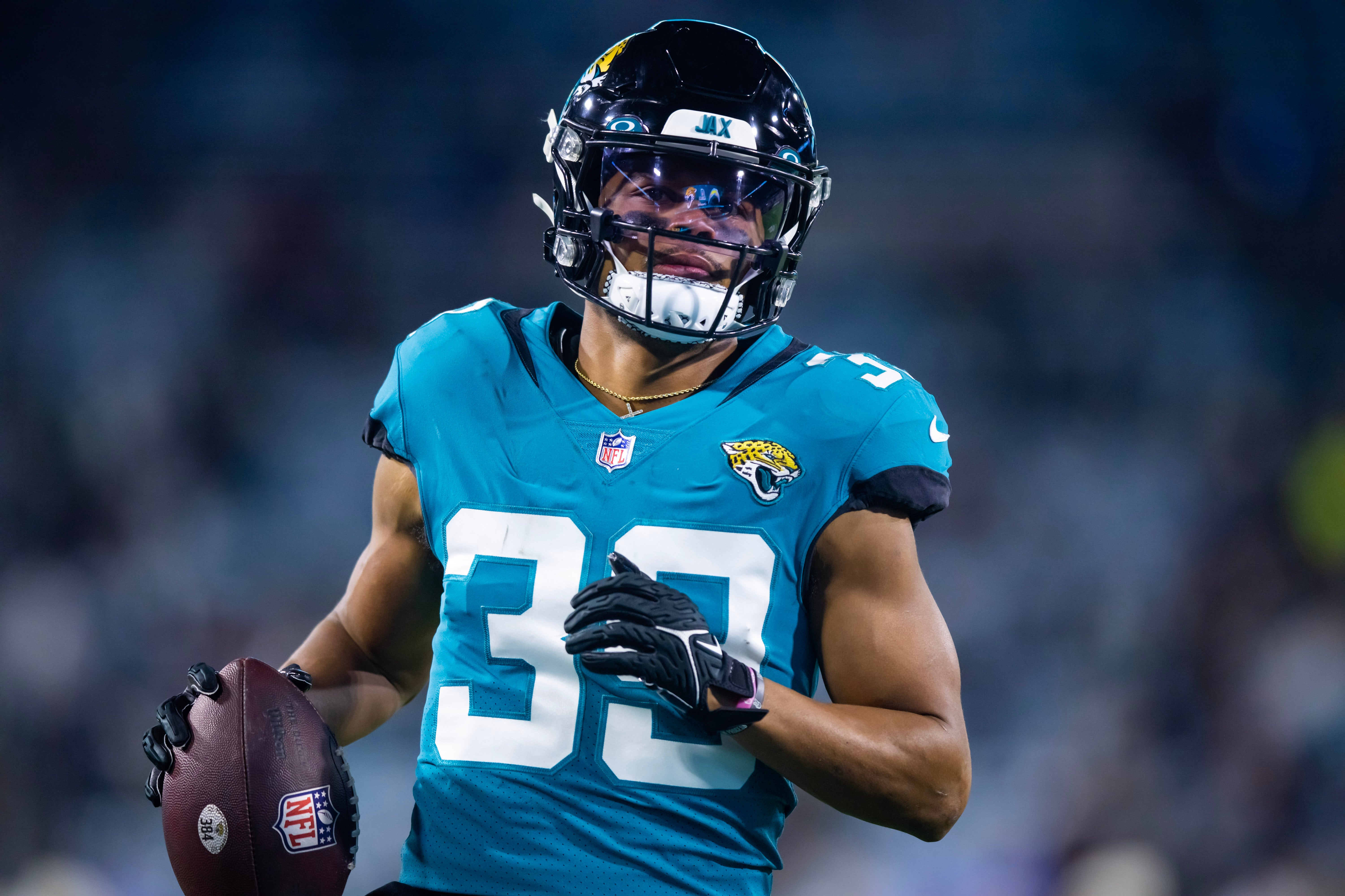 Jan 14, 2023; Jacksonville, Florida, USA; Jacksonville Jaguars wide receiver Jamal Agnew (39) against the Los Angeles Chargers during a wild card playoff game at TIAA Bank Field.
