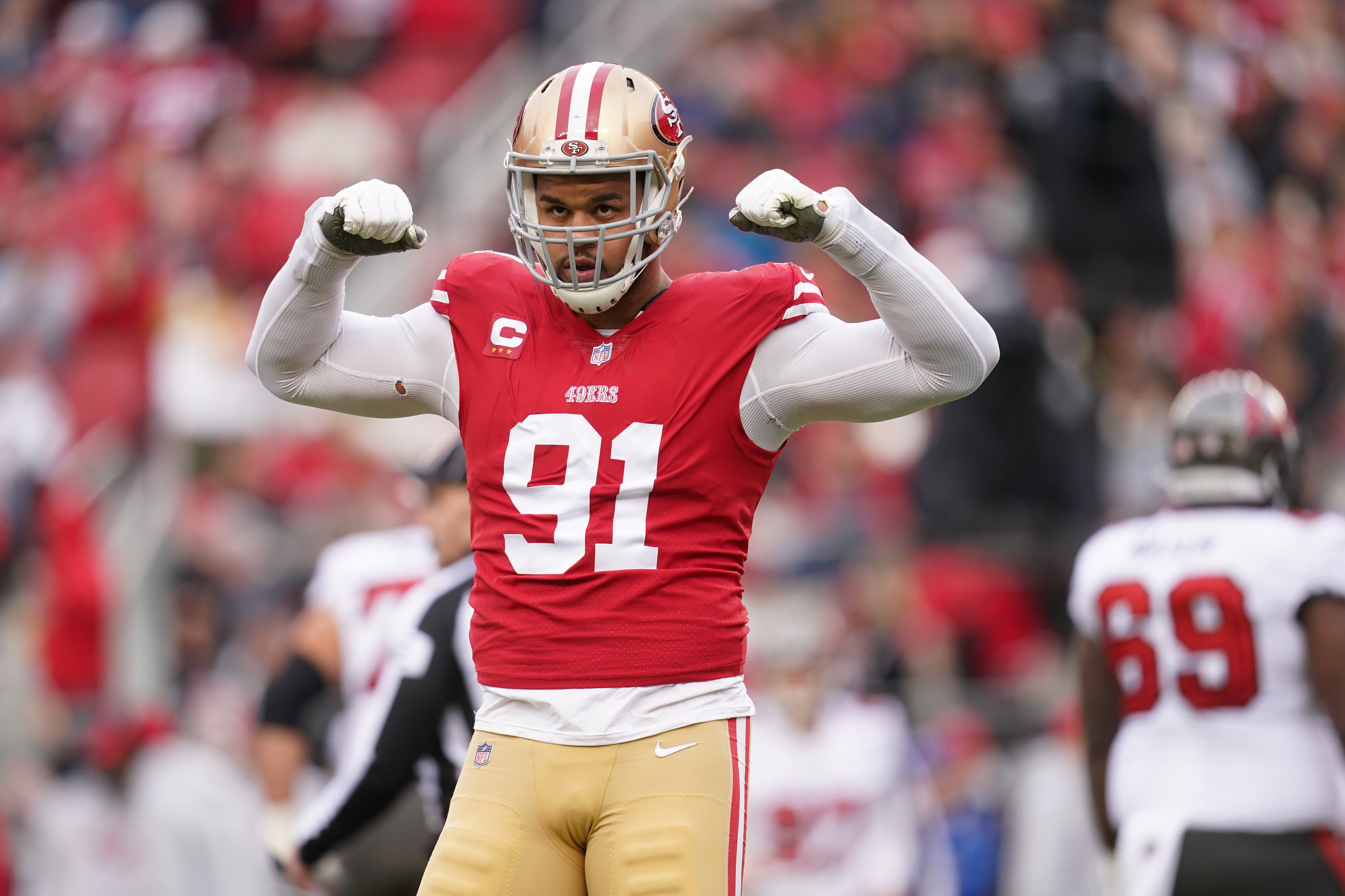 Dec 11, 2022; Santa Clara, California, USA; San Francisco 49ers defensive end Arik Armstead (91) reacts after the 49ers made a defensive stop on third down against the Tampa Bay Buccaneers in the second quarter at Levi's Stadium. Mandatory Credit: Cary Edmondson-USA TODAY Sports