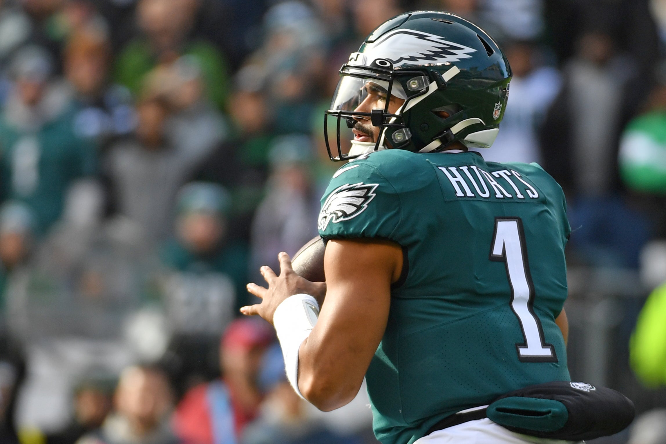 Dec 4, 2022; Philadelphia, Pennsylvania, USA; Philadelphia Eagles quarterback Jalen Hurts (1) against the Tennessee Titans at Lincoln Financial Field.