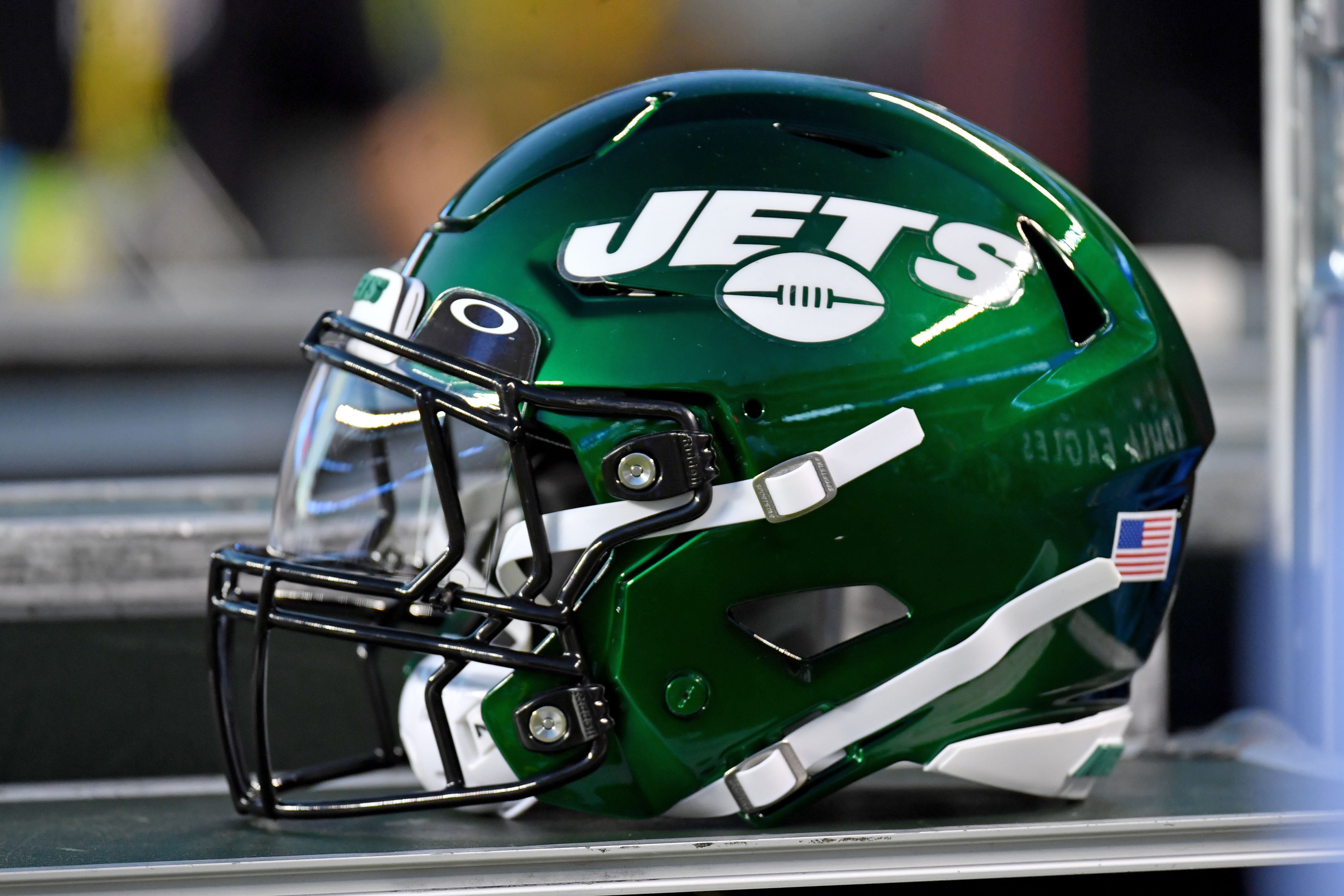 Aug 12, 2022; Philadelphia, Pennsylvania, USA; New York Jets helmet on the sidelines against the Philadelphia Eagles at Lincoln Financial Field.