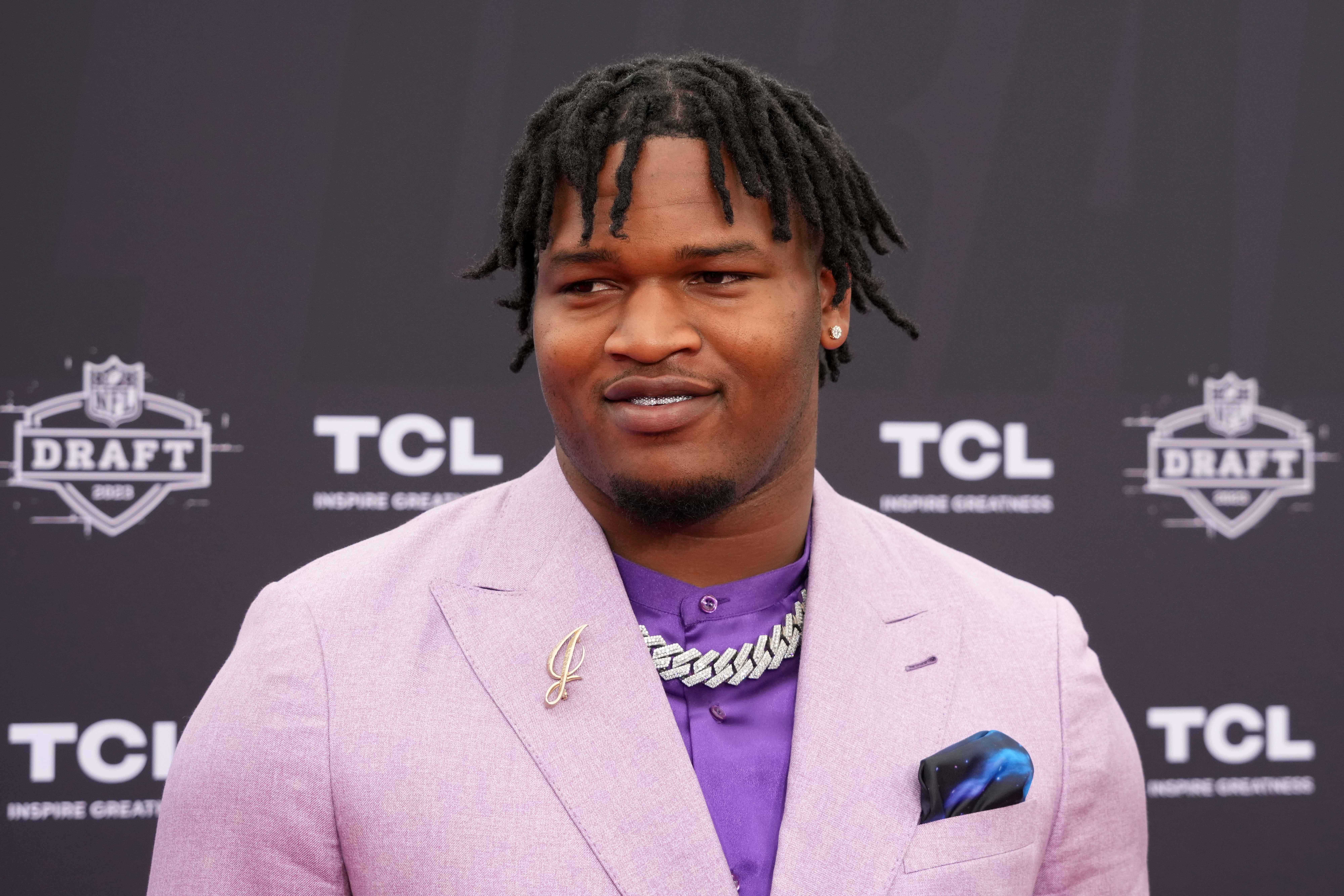 Apr 27, 2023; Kansas City, MO, USA; Georgia Bulldogs defensive end Jalen Carter poses on the red carpet at the National World War I Museum and Memorial.