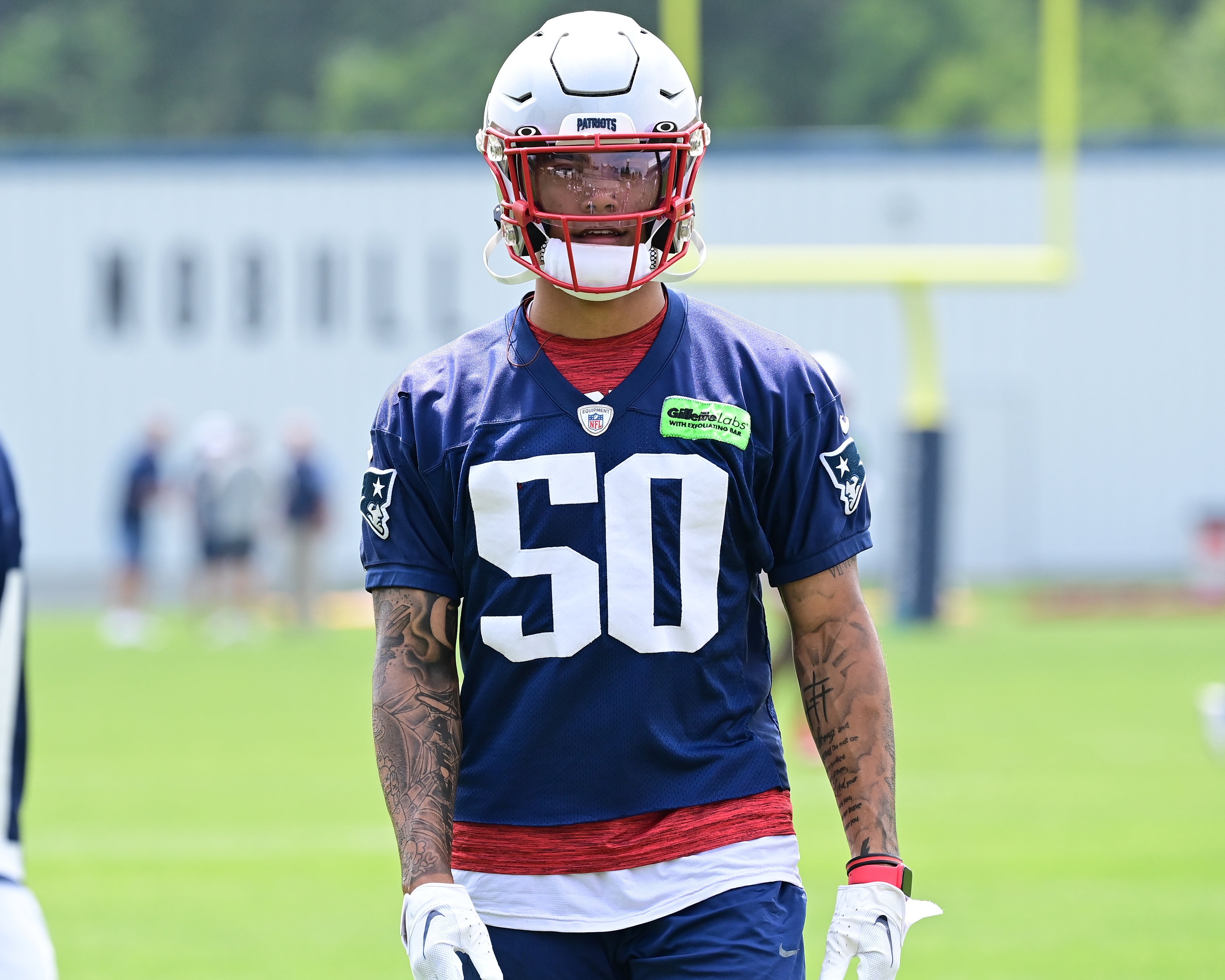 Jun 12, 2023; Foxborough, MA, USA; New England Patriots cornerback Christian Gonzalez (50) works out at the Patriots minicamp at Gillette Stadium.