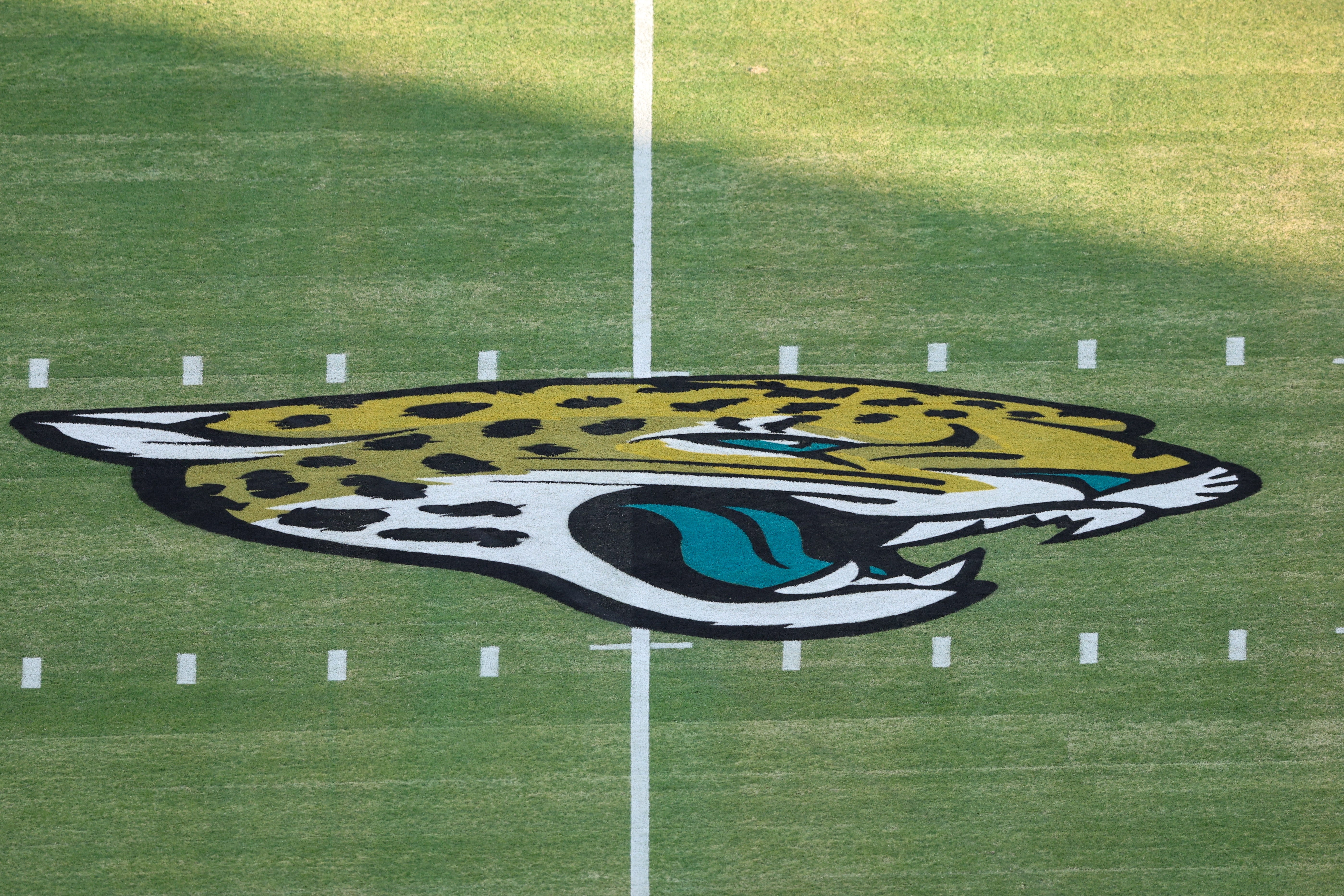 Jacksonville Jaguars logo on the field.