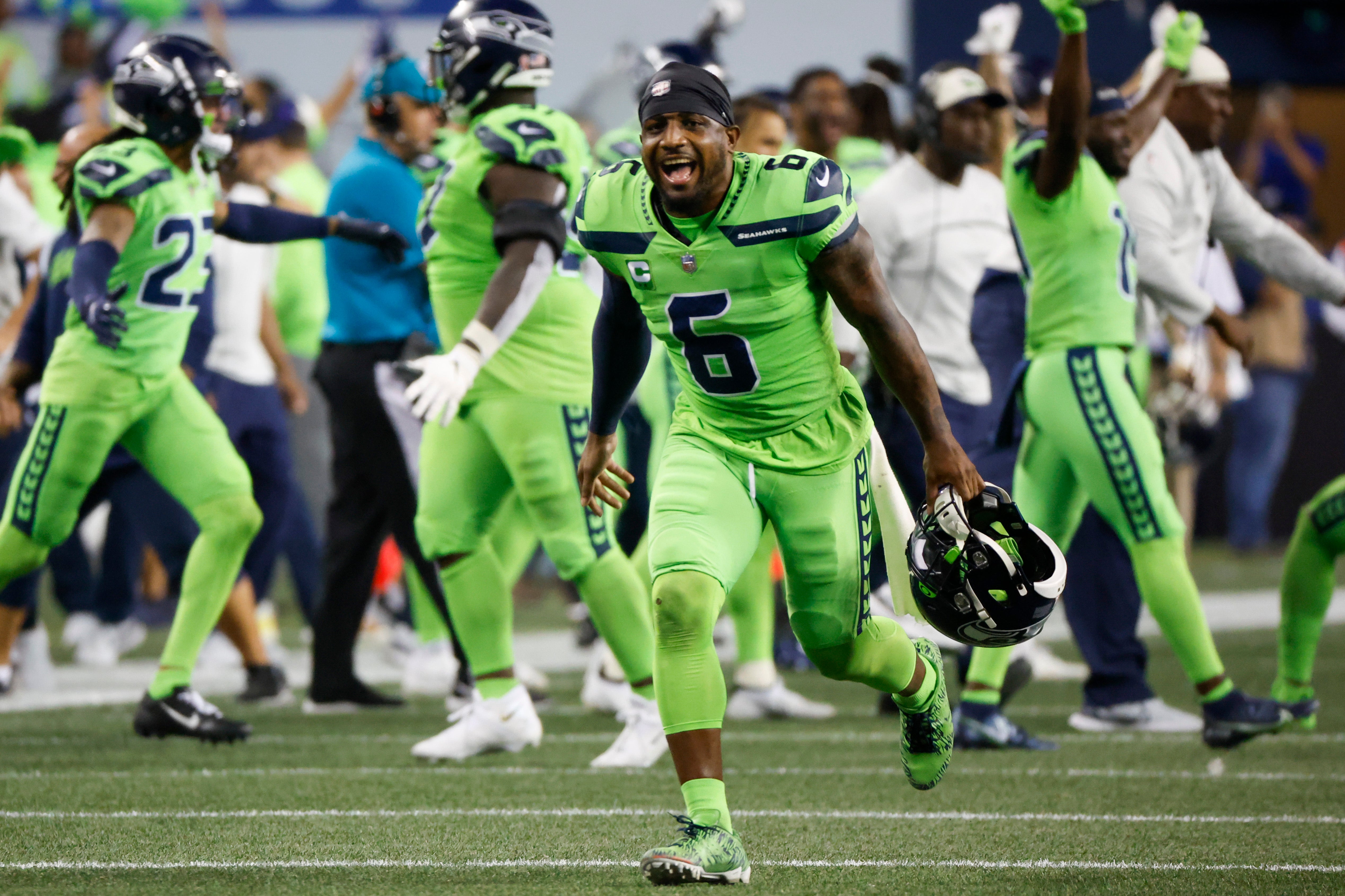 Sep 12, 2022; Seattle, Washington, USA; Seattle Seahawks safety Quandre Diggs (6) celebrates following a missed field goal against the Denver Broncos during the fourth quarter at Lumen Field. Mandatory Credit: Joe Nicholson-USA TODAY Sports