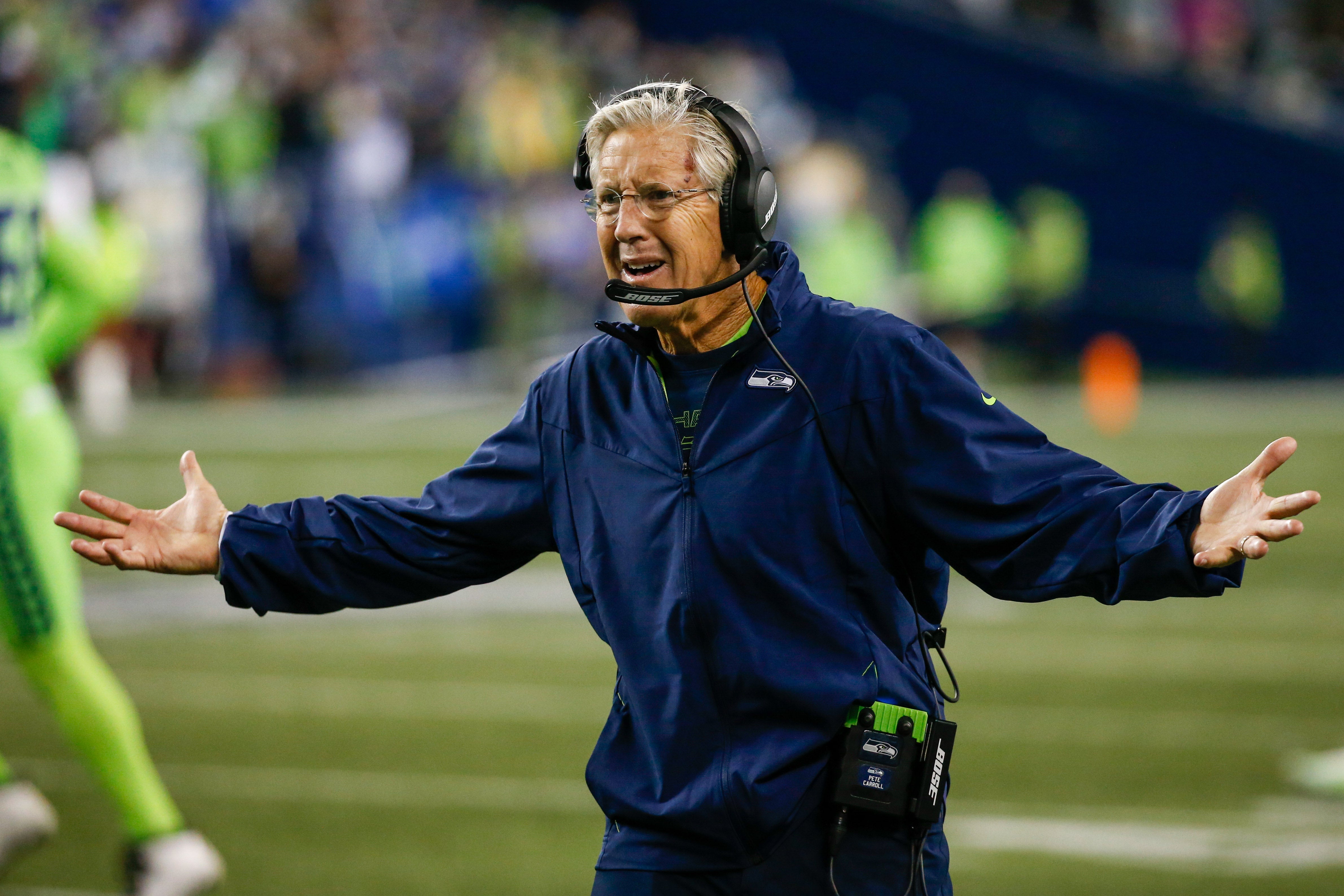 Oct 7, 2021; Seattle, Washington, USA; Seattle Seahawks head coach Pete Carroll reacts to a play against the Los Angeles Rams during the fourth quarter at Lumen Field.