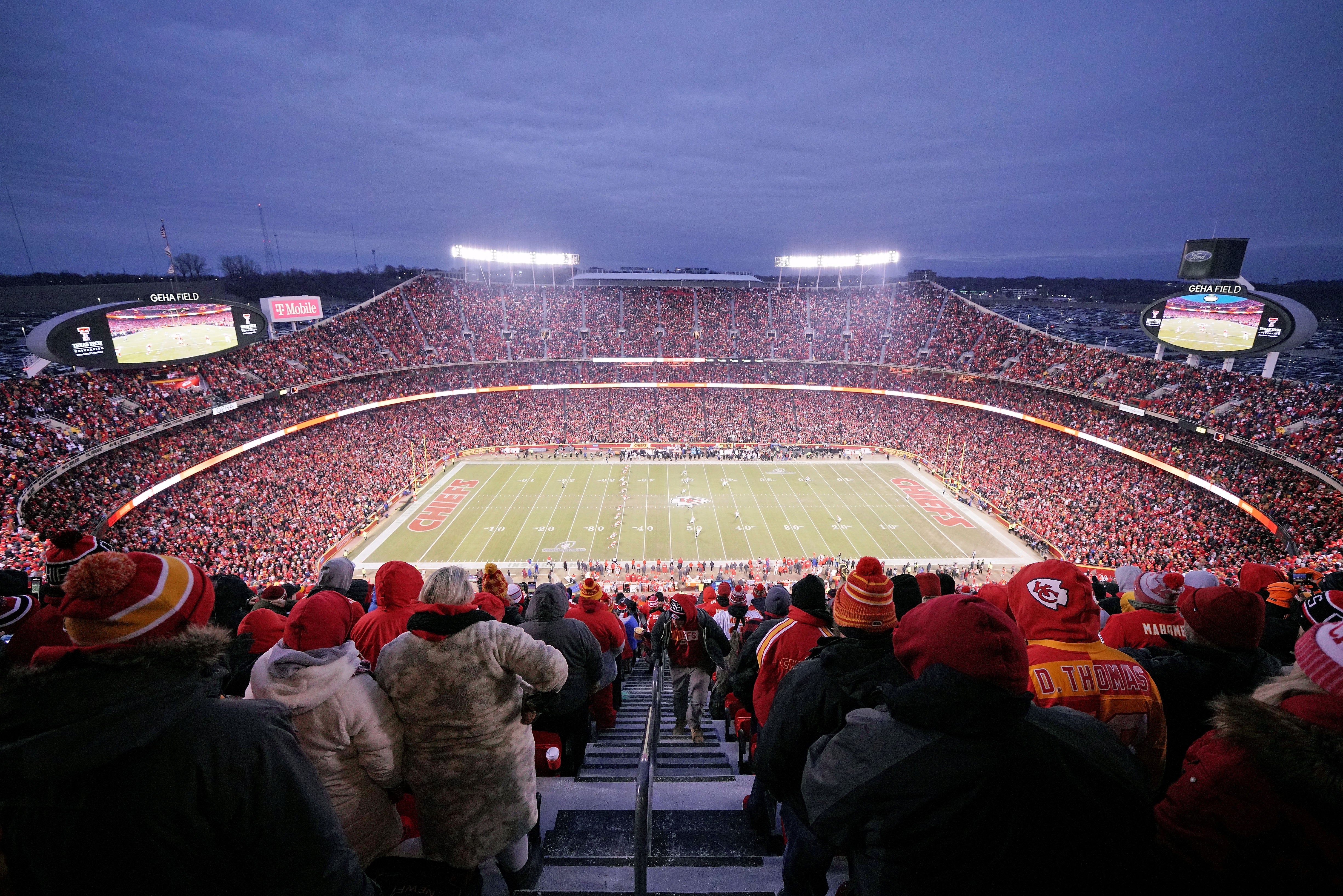 Jan 29, 2023; Kansas City, Missouri, USA; A general view of the opening kickoff during the first quarter of the AFC Championship game between the Kansas City Chiefs and the Cincinnati Bengals at GEHA Field at Arrowhead Stadium.