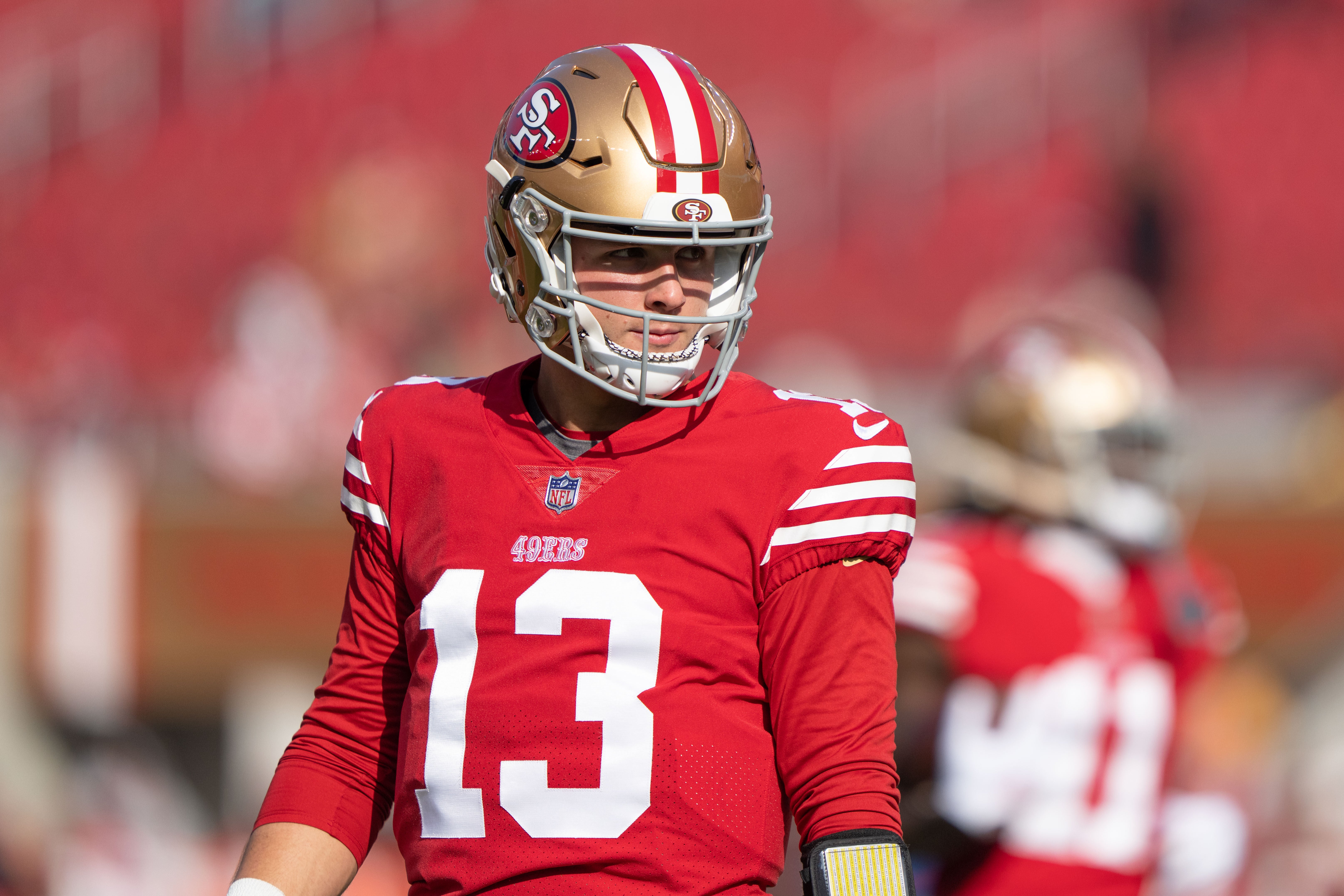 Dec 24, 2022; Santa Clara, California, USA; San Francisco 49ers quarterback Brock Purdy (13) during warmups before the start of the first quarter against the Washington Commanders at Levi's Stadium.