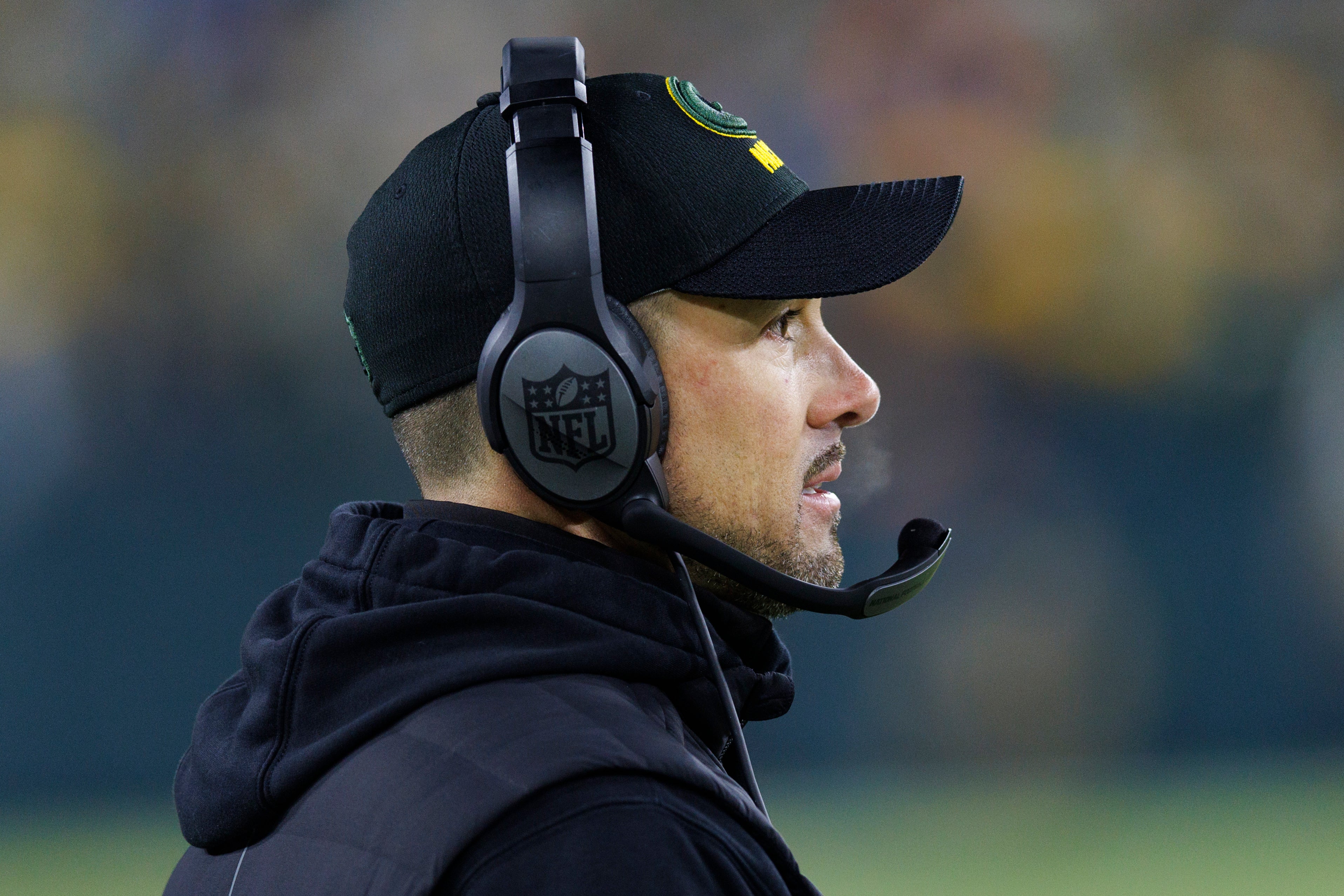Jan 8, 2023; Green Bay, Wisconsin, USA; Green Bay Packers head coach Matt LaFleur looks on during the third quarter against the Detroit Lions at Lambeau Field.