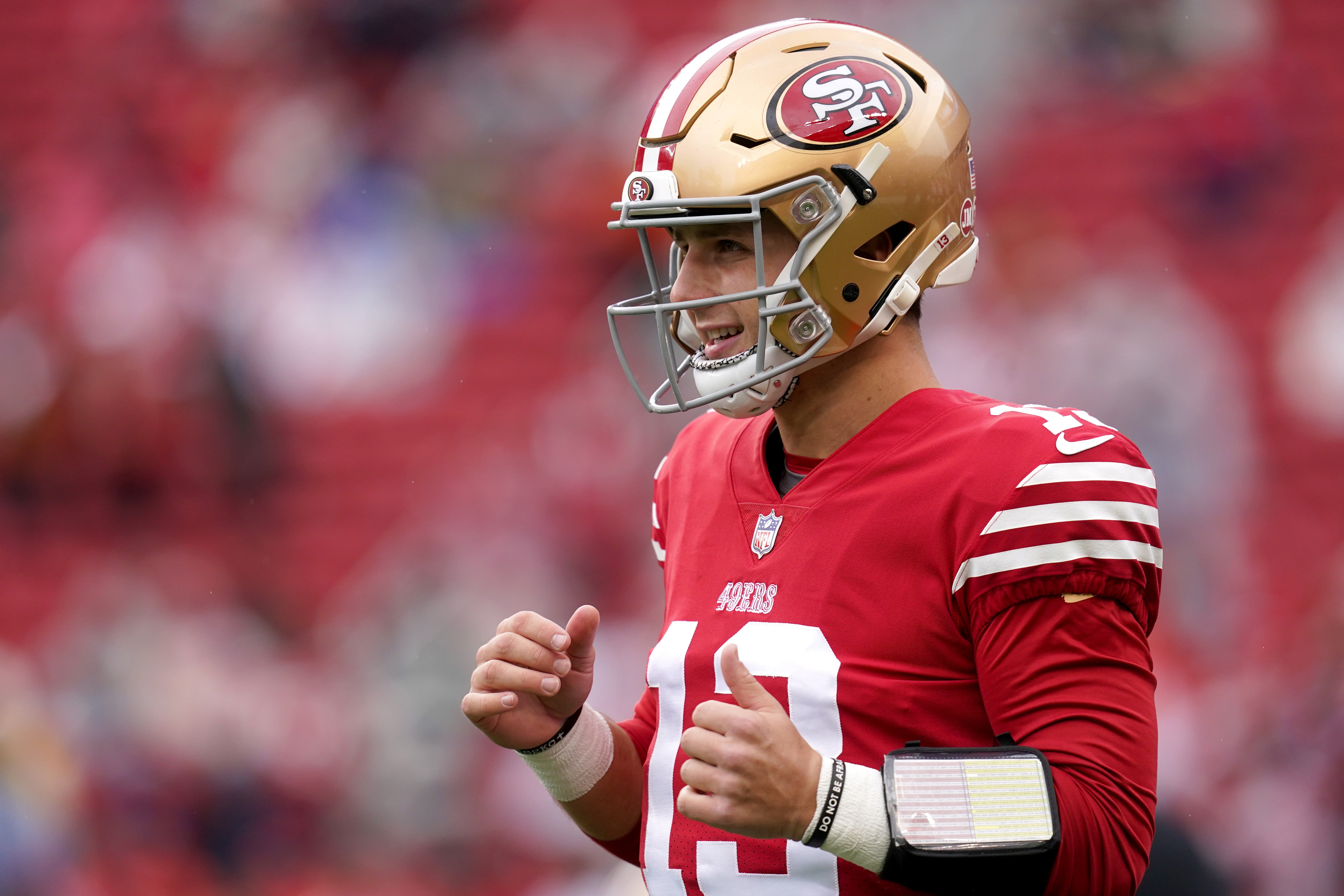 Jan 14, 2023; Santa Clara, California, USA; San Francisco 49ers quarterback Brock Purdy (13) warms up before a wild card game against the Seattle Seahawks at Levi's Stadium. Mandatory Credit: Cary Edmondson-USA TODAY Sports