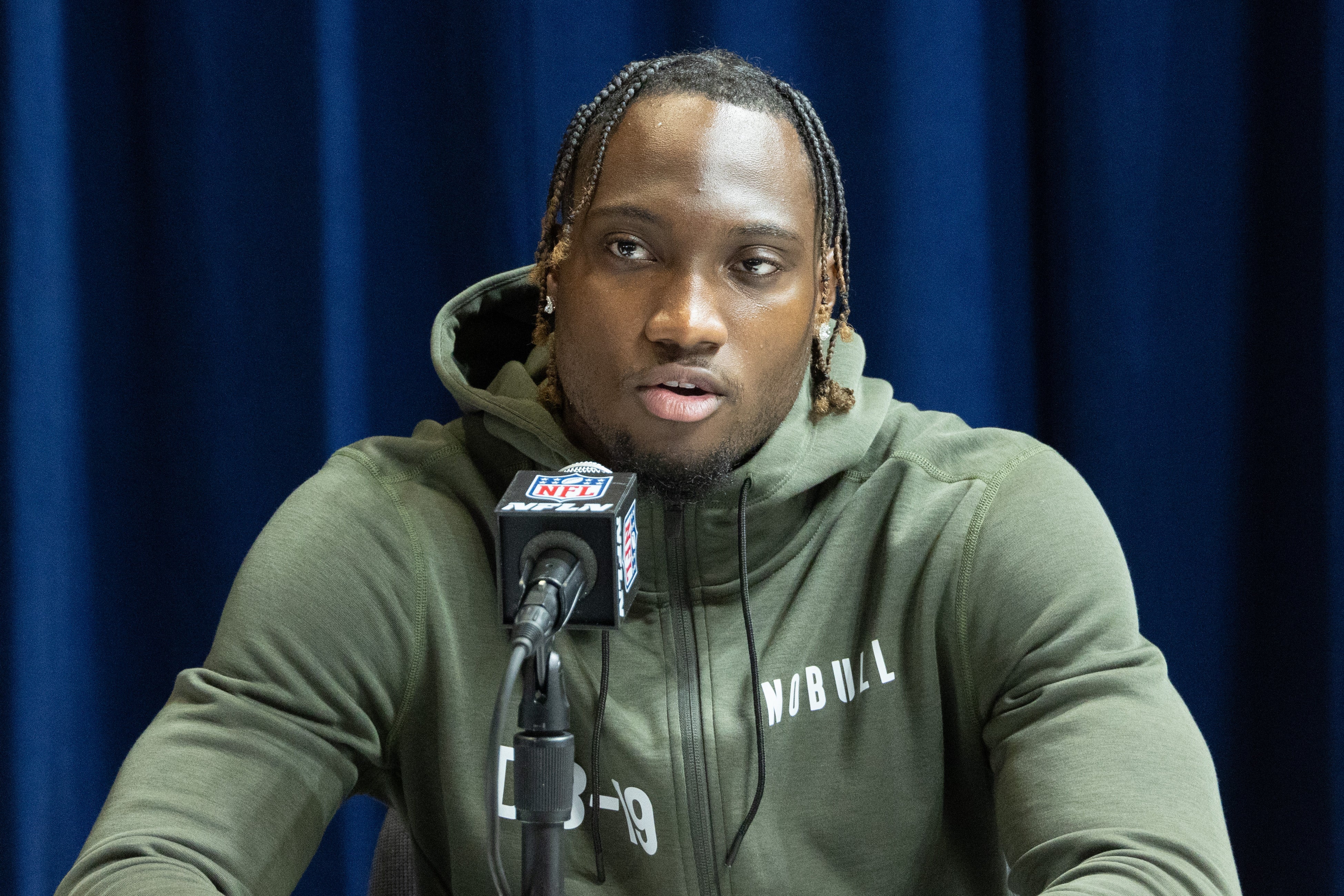 Mar 2, 2023; Indianapolis, IN, USA; South Alabama defensive back Darrell Luter, Jr. (DB19) speaks to the press at the NFL Combine at Lucas Oil Stadium. Mandatory Credit: Trevor Ruszkowski-USA TODAY Sports