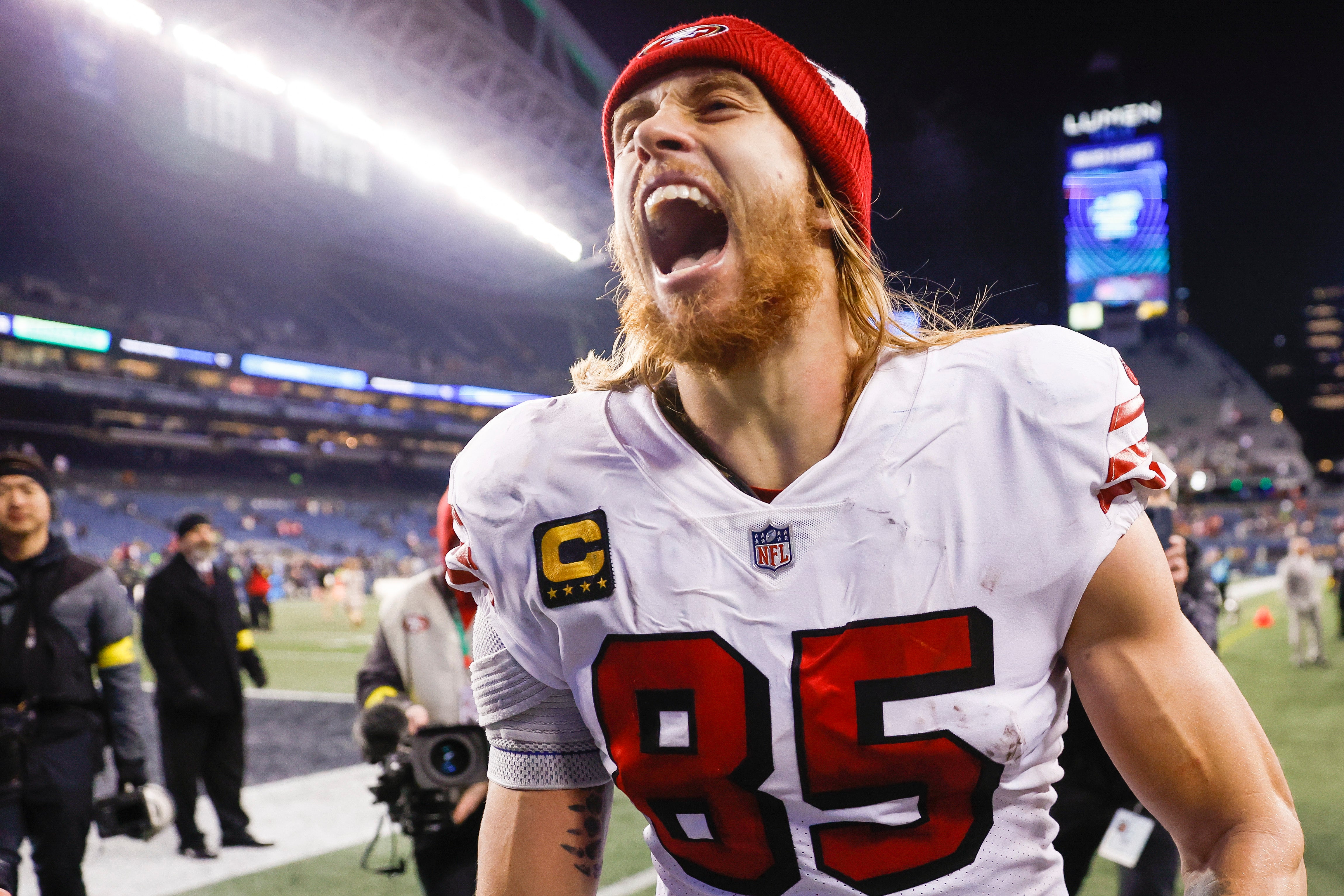 Dec 15, 2022; Seattle, Washington, USA; San Francisco 49ers tight end George Kittle (85) celebrates following a 21-13 victory against the Seattle Seahawks at Lumen Field. Mandatory Credit: Joe Nicholson-USA TODAY Sports