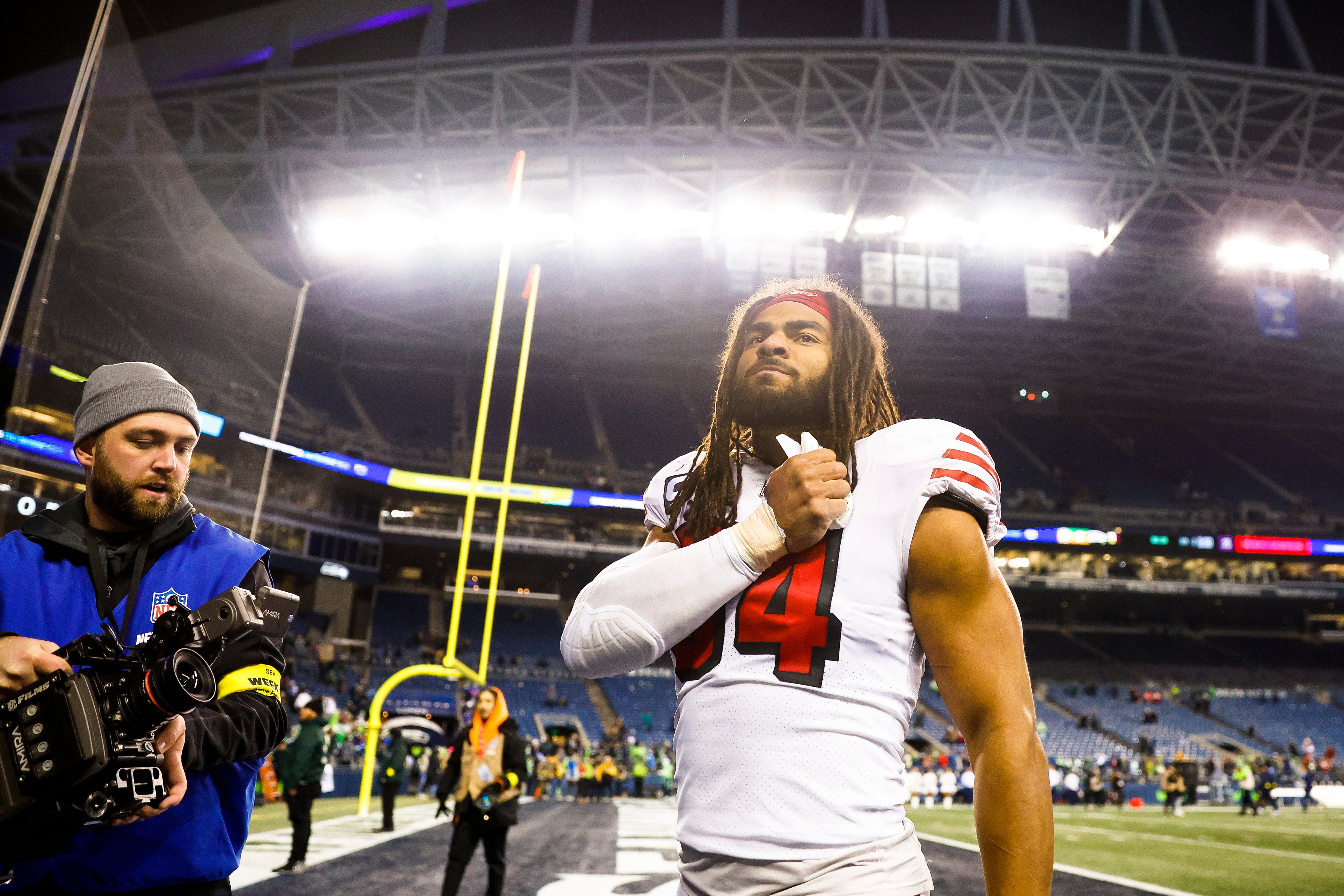 Dec 15, 2022; Seattle, Washington, USA; San Francisco 49ers linebacker Fred Warner (54) celebrates following a 21-13 victory against the Seattle Seahawks at Lumen Field. Mandatory Credit: Joe Nicholson-USA TODAY Sports