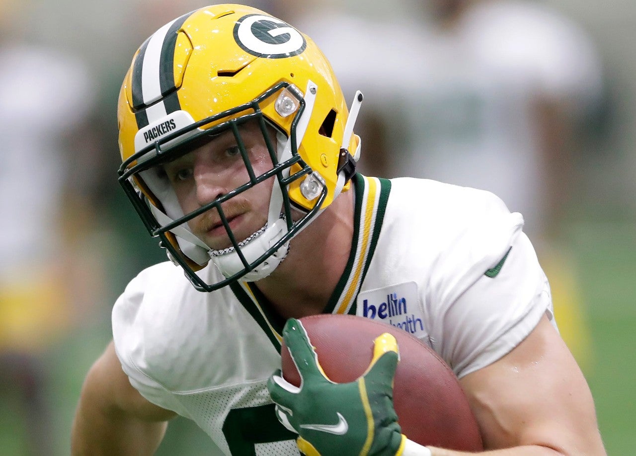 Tight end Tucker Kraft (85) during the 2023 Green Bay Packers rookie minicamp on Friday, May 5, 2023 at the Don Hutson Center indoor practice facility in Ashwaubenon, Wis.