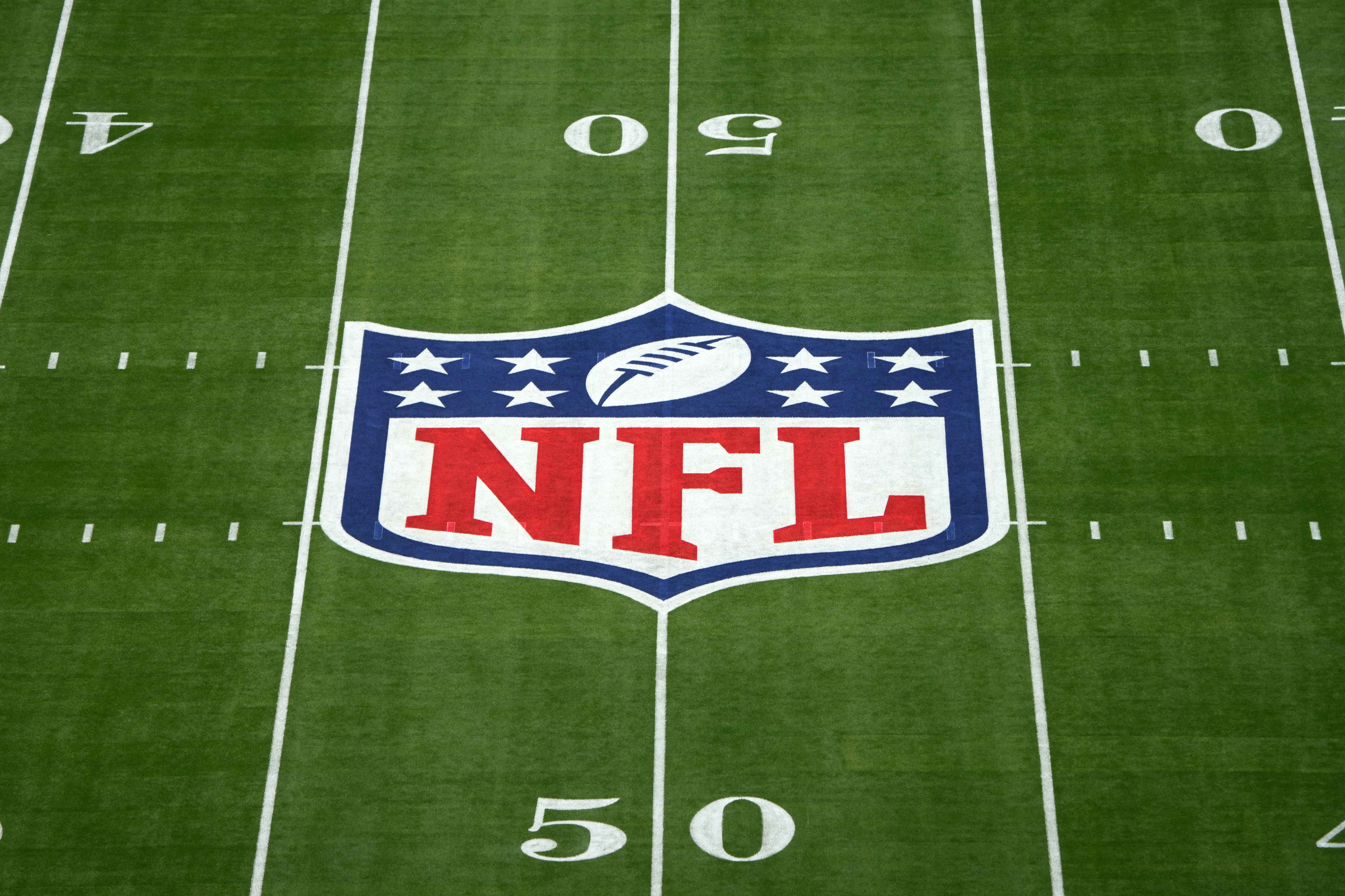 NFL logo on the field before Super Bowl LVI