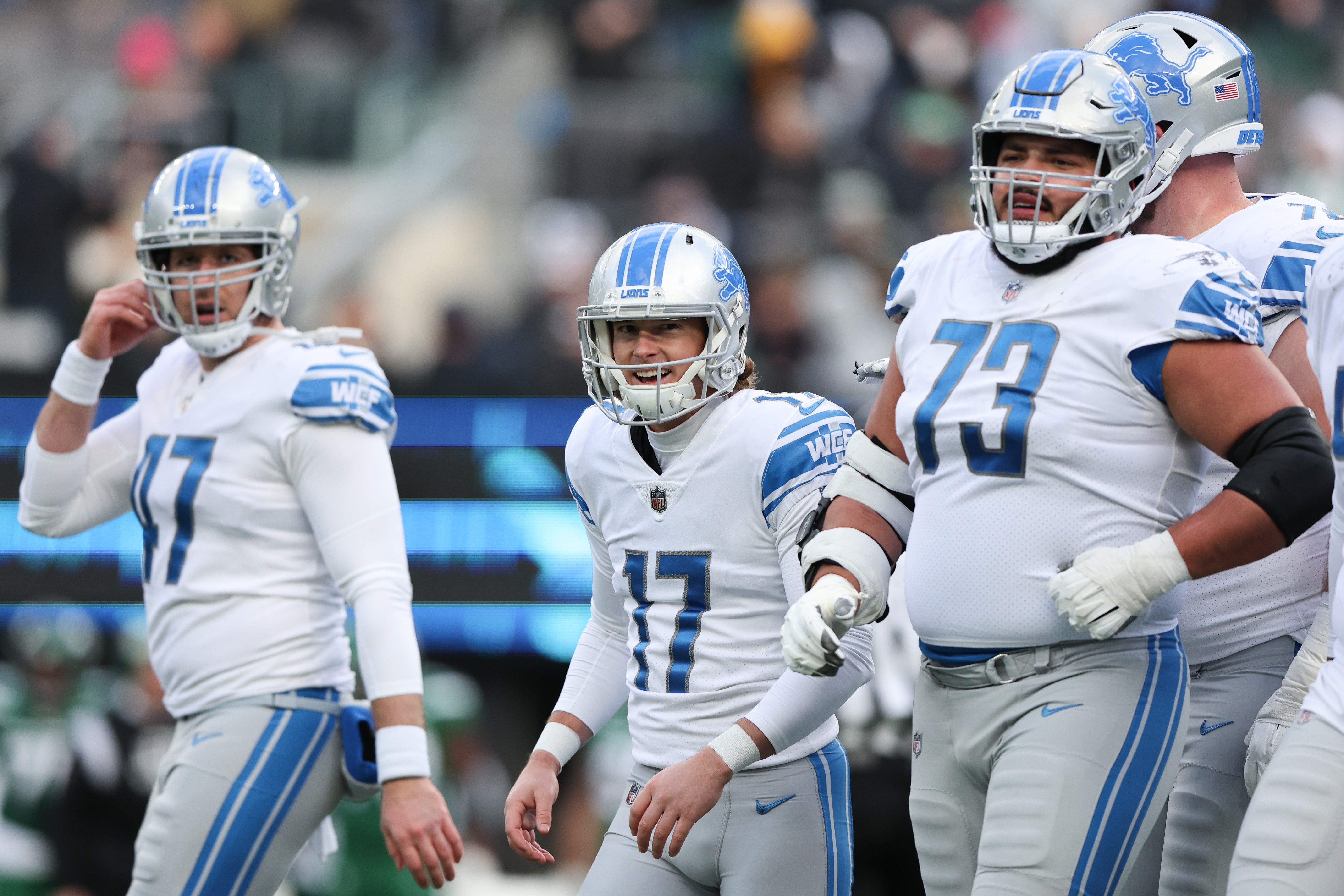 Dec 18, 2022; East Rutherford, New Jersey, USA; Detroit Lions place kicker Michael Badgley (17) celebrates a field goal with teammates during the first half against the New York Jets at MetLife Stadium.