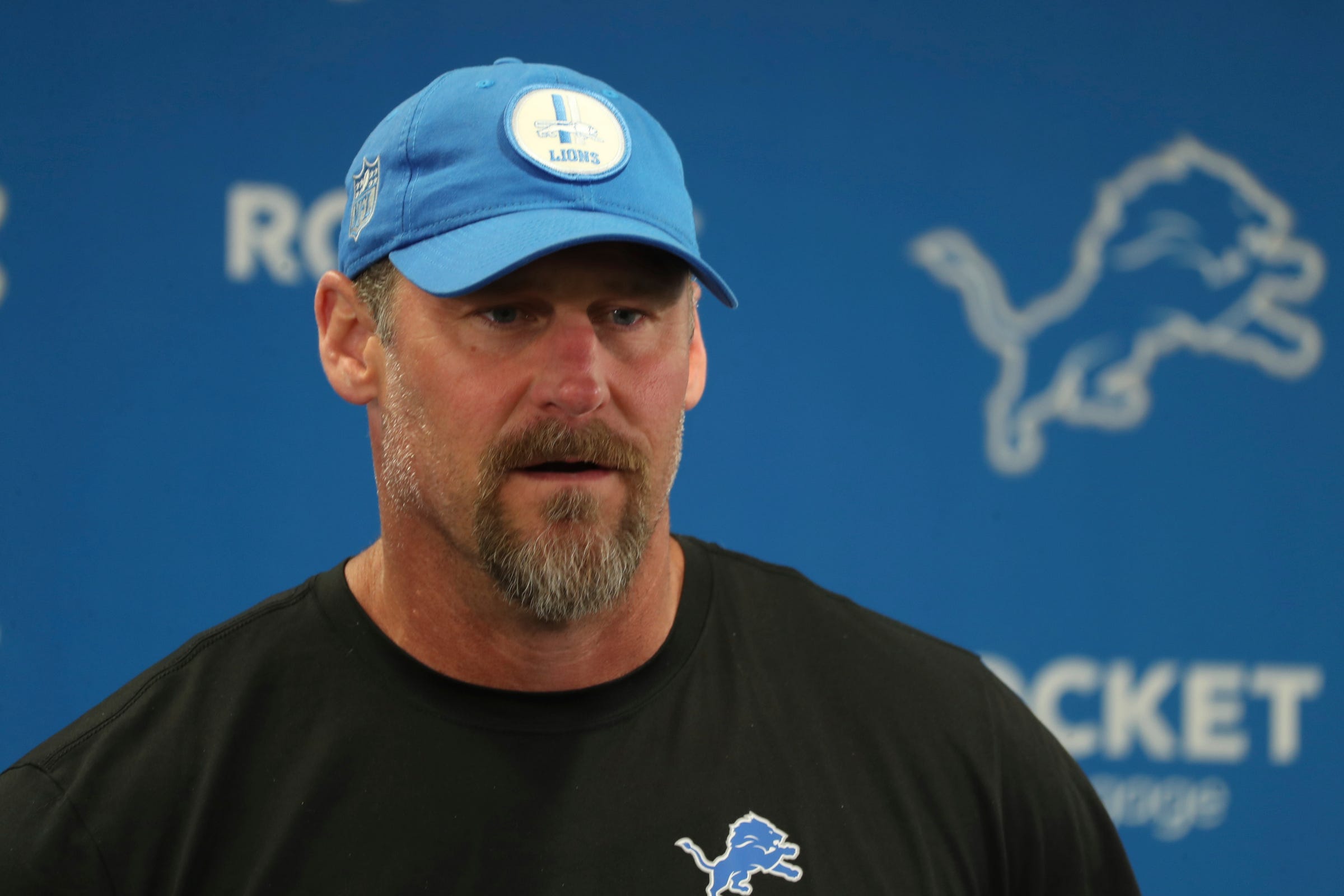 Lions coach Dan Campbell talks with reporters before minicamp on Thursday, June 8, 2023, in Allen Park.