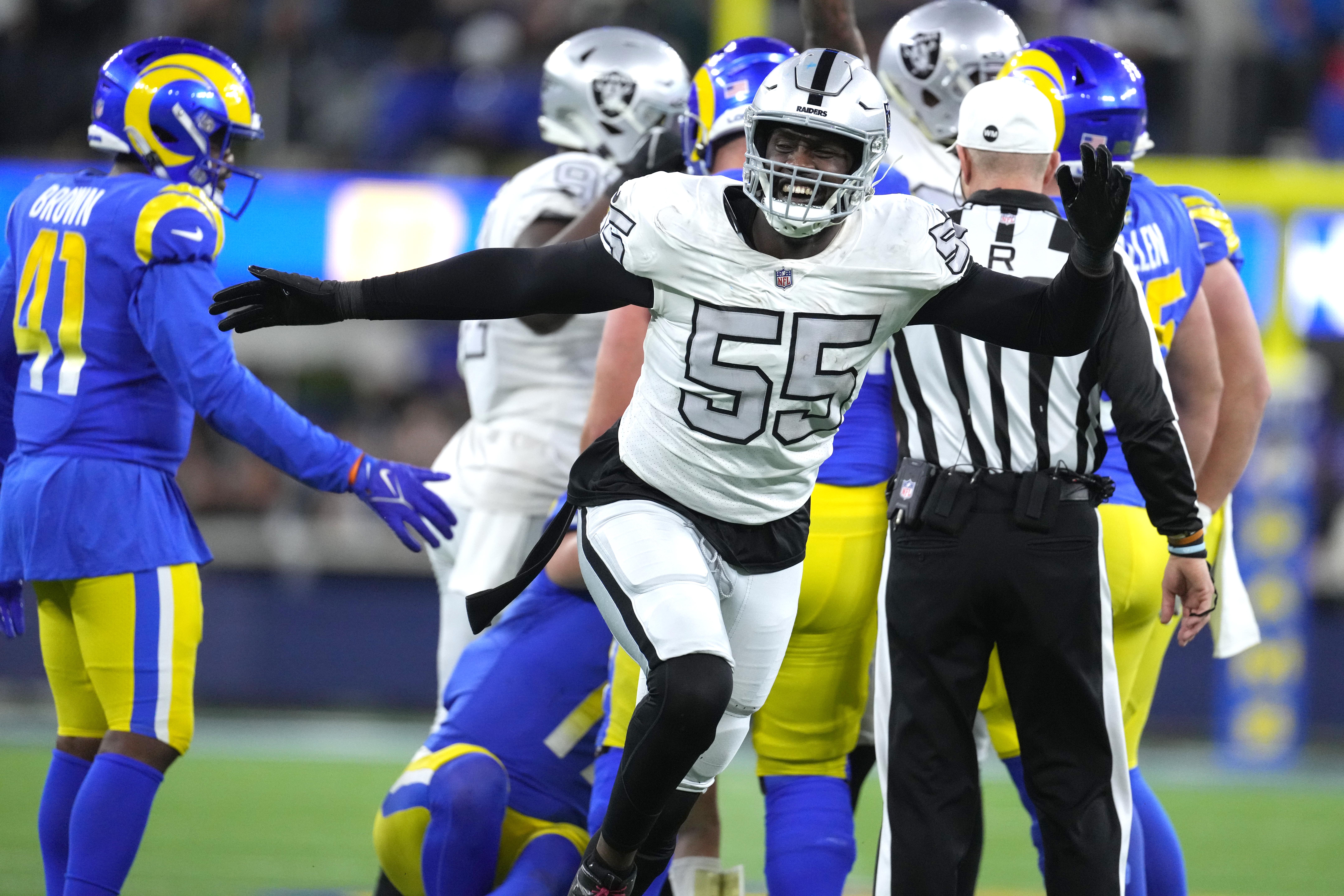 Dec 8, 2022; Inglewood, California, USA; Las Vegas Raiders defensive end Chandler Jones (55) celebrates against the Los Angeles Rams in the second half at SoFi Stadium.