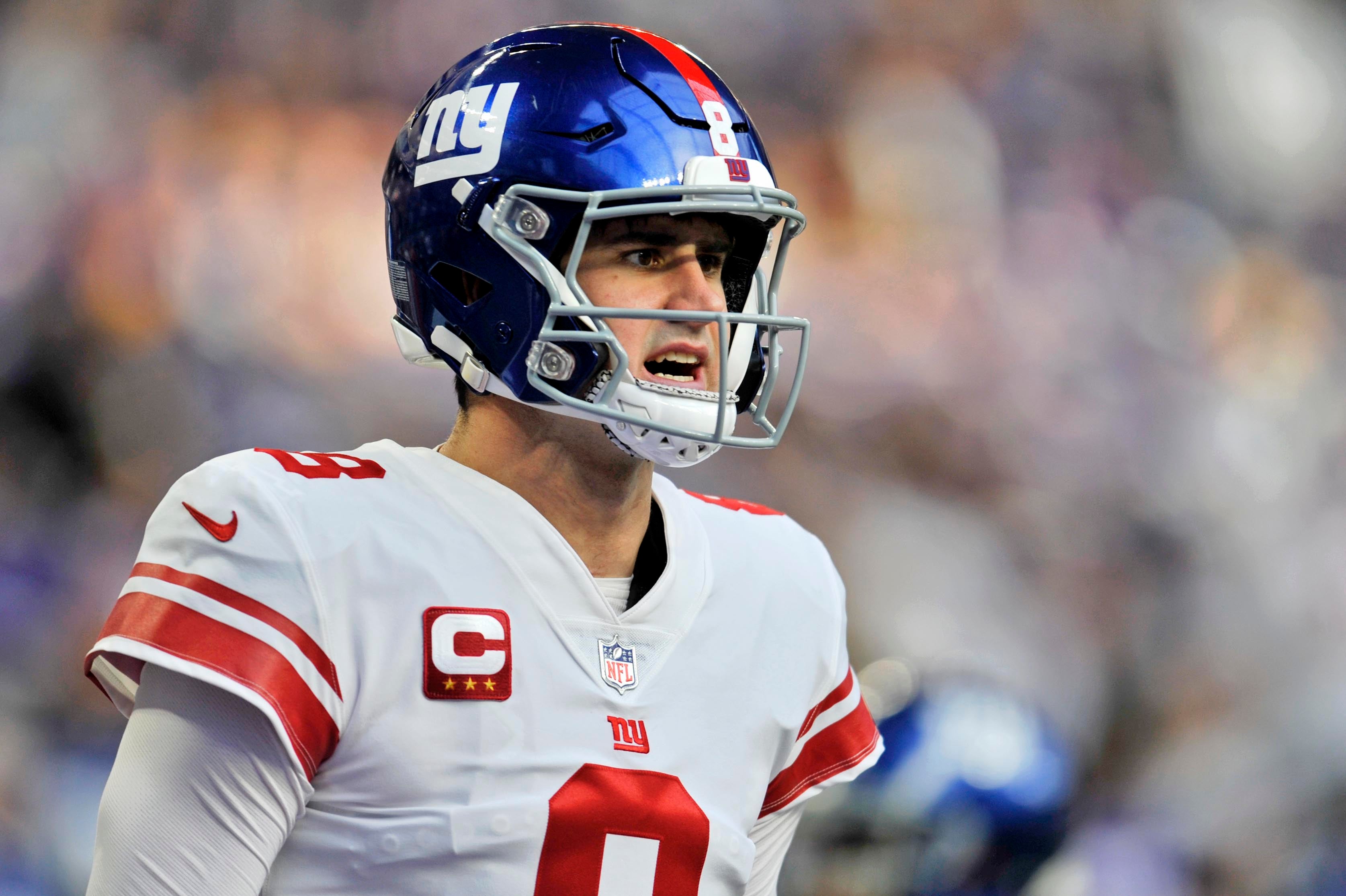Jan 15, 2023; Minneapolis, Minnesota, USA; New York Giants quarterback Daniel Jones (8) during warmups before a wild card game against the Minnesota Vikings at U.S. Bank Stadium.