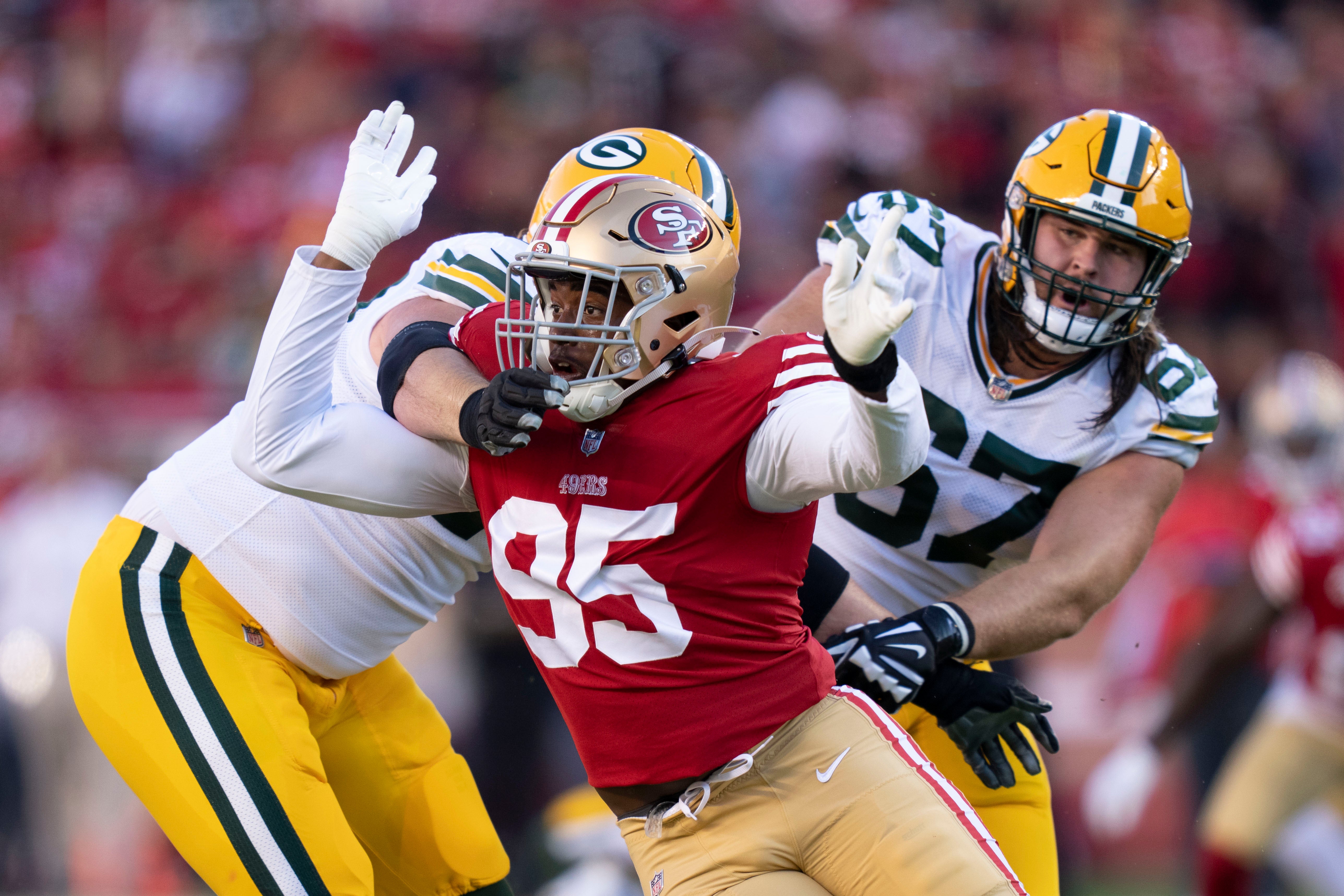 August 12, 2022; Santa Clara, California, USA; San Francisco 49ers defensive end Drake Jackson (95) rushes against the Green Bay Packers during the second quarter at Levi's Stadium. Mandatory Credit: Kyle Terada-USA TODAY Sports