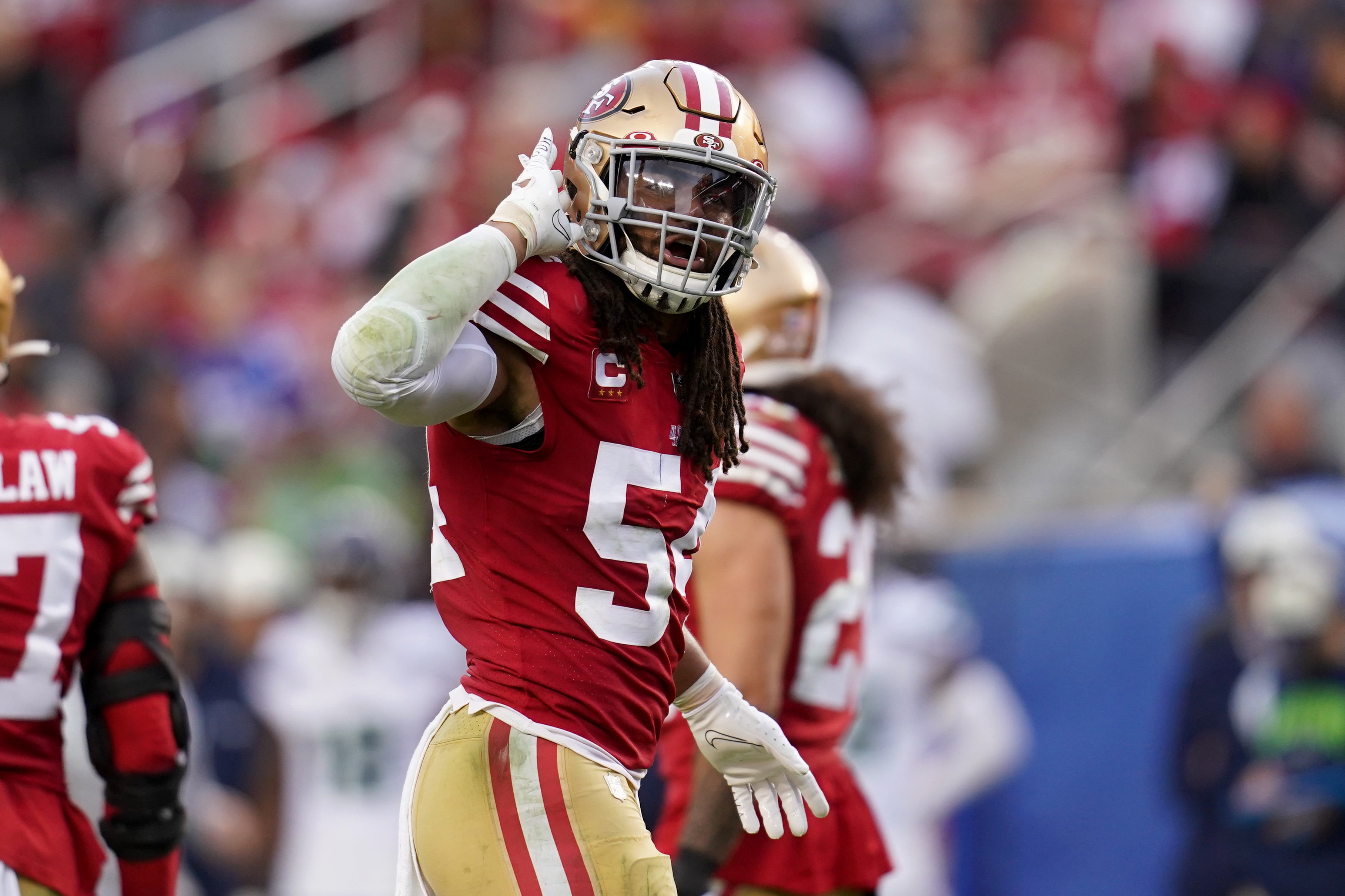 Jan 14, 2023; Santa Clara, California, USA; San Francisco 49ers linebacker Fred Warner (54) gestures in the third quarter of a wild card game against the Seattle Seahawks at Levi's Stadium. Mandatory Credit: Cary Edmondson-USA TODAY Sports