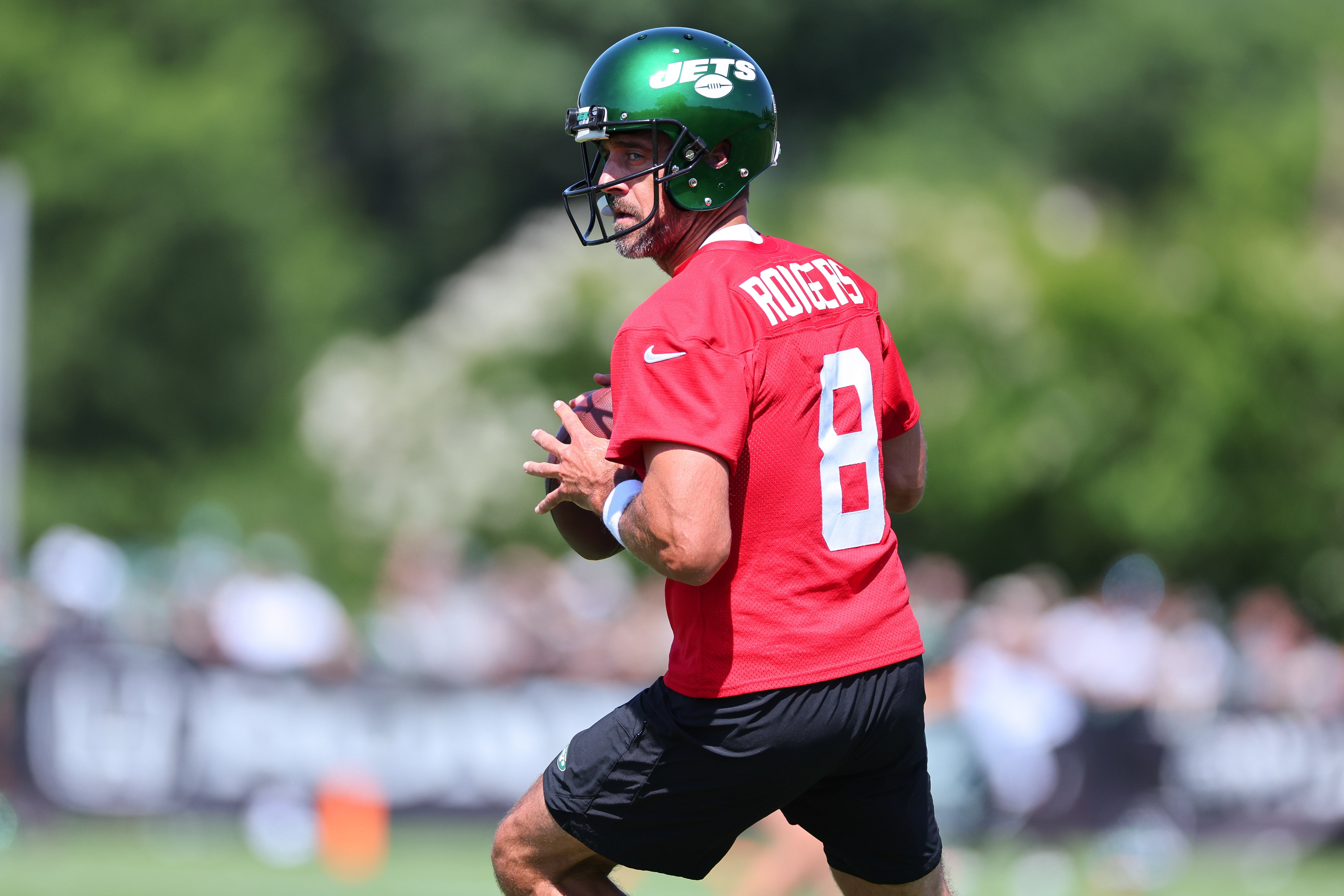 New York Jets quarterback Aaron Rodgers (8) throws the ball during the New York Jets Training Camp at Atlantic Health Jets Training Center.