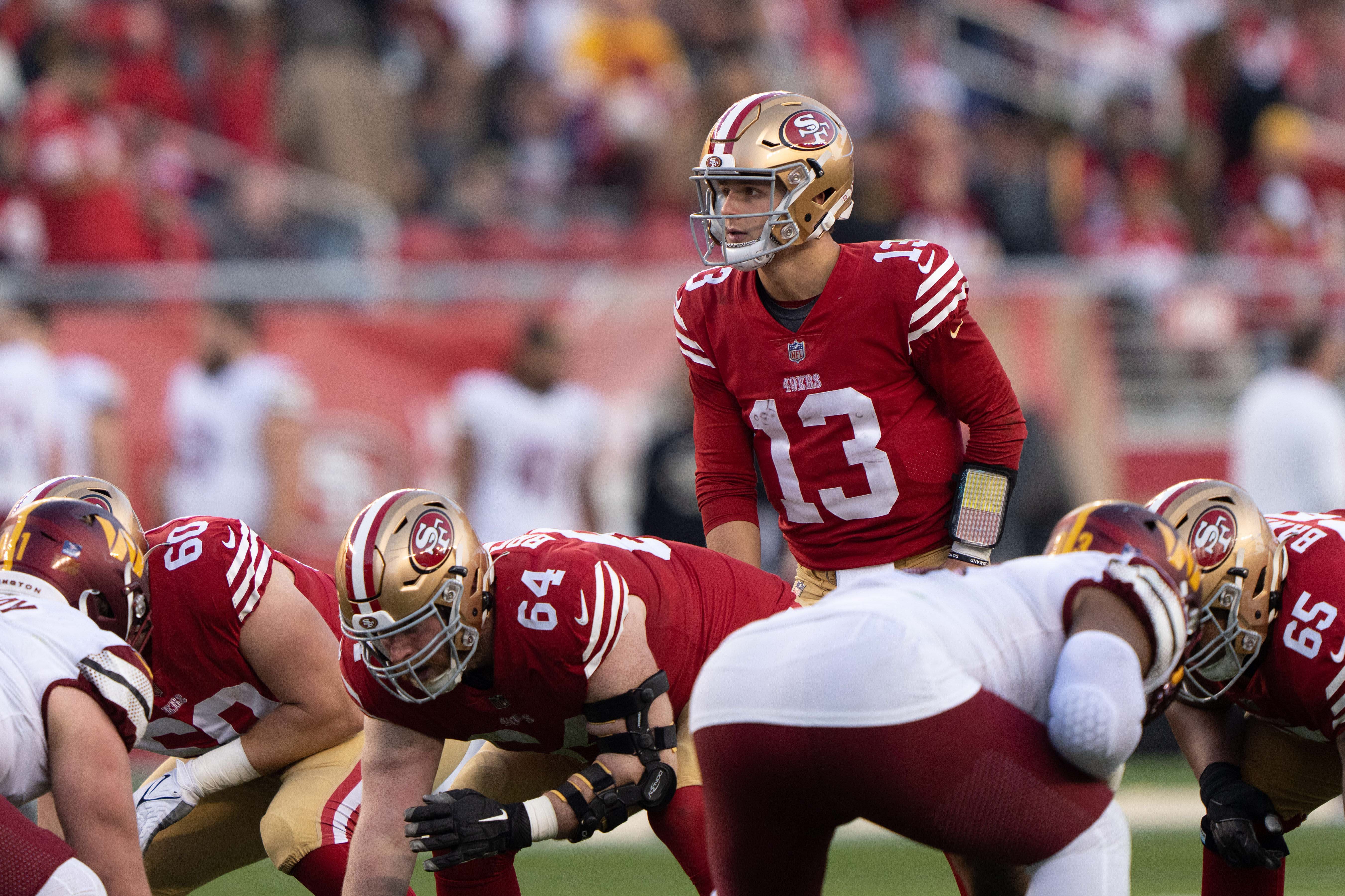 Dec 24, 2022; Santa Clara, California, USA; San Francisco 49ers quarterback Brock Purdy (13) during the fourth quarter against the Washington Commanders at Levi's Stadium. Mandatory Credit: Stan Szeto-USA TODAY Sports