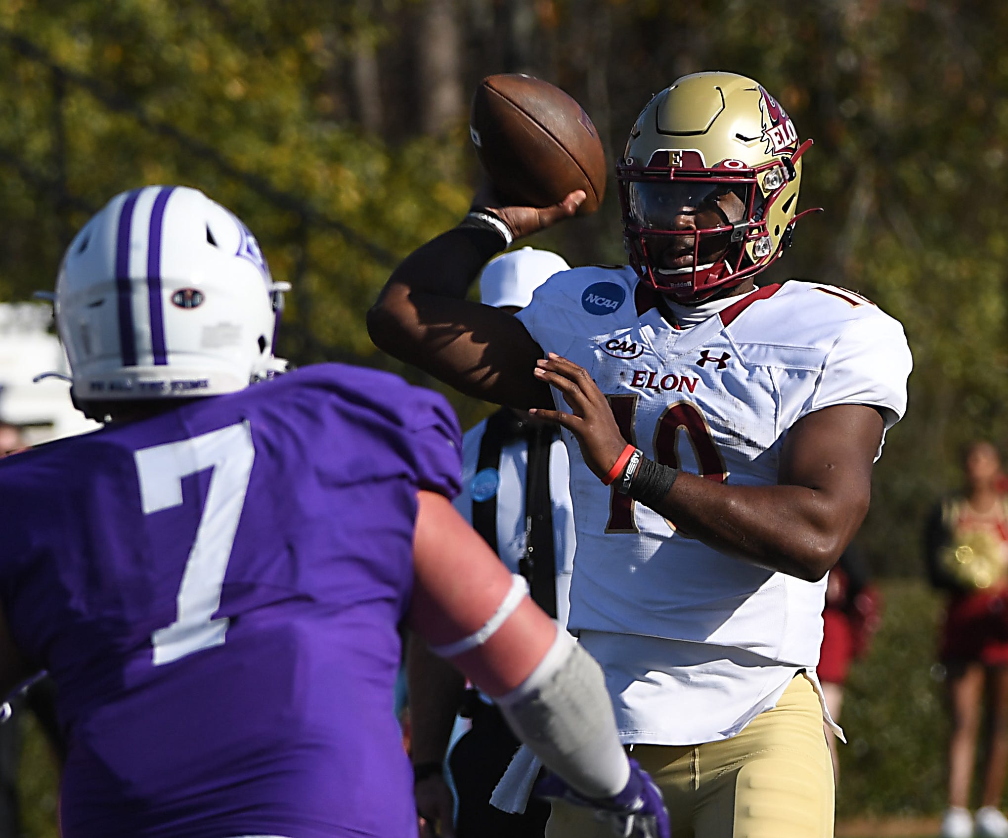 Furman played Elon in the first round of the NCAA Division I FCS Football Championship at Paladin Stadium in Greenville on Saturday, Nov. 26, 2022. This Is action in the second half of the game. Elon's Matthew McKay (10) on a passing play.
