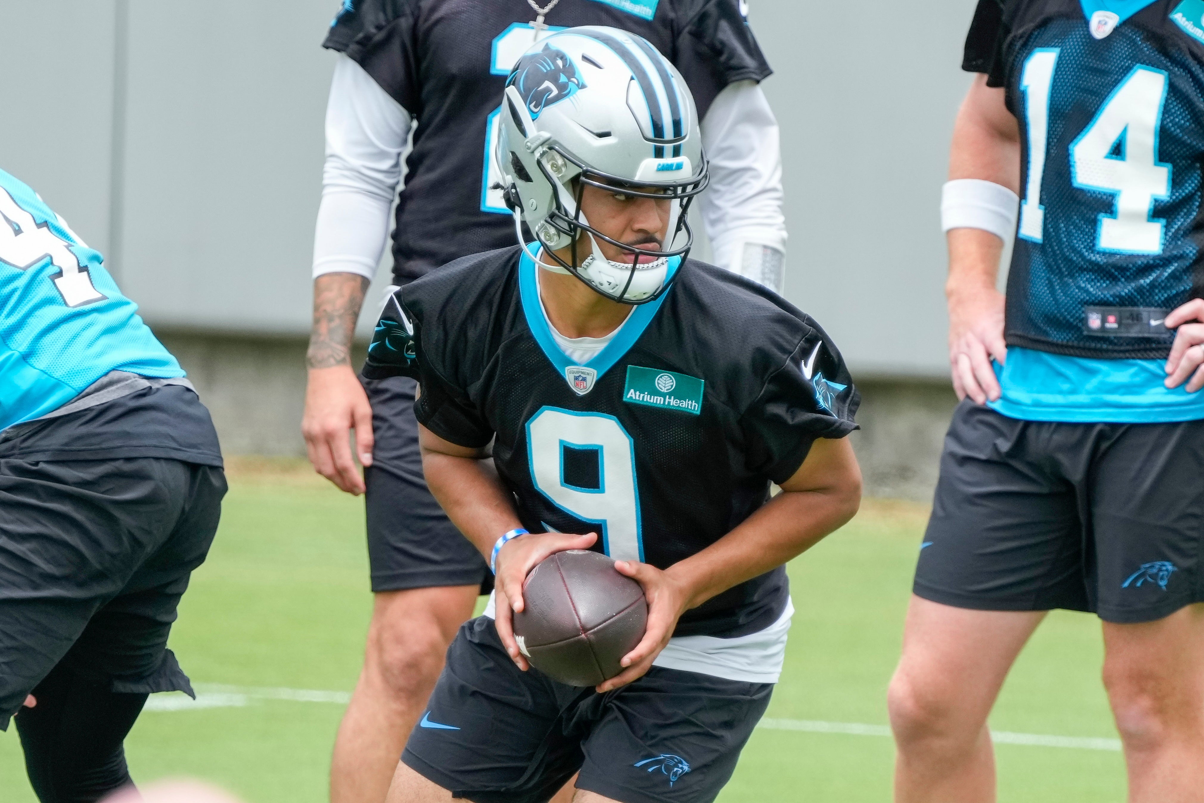 Jun 14, 2023; Charlotte, NC, USA; Carolina Panthers quarterback Bryce Young (9) hands off during the Carolina Panthers minicamp.