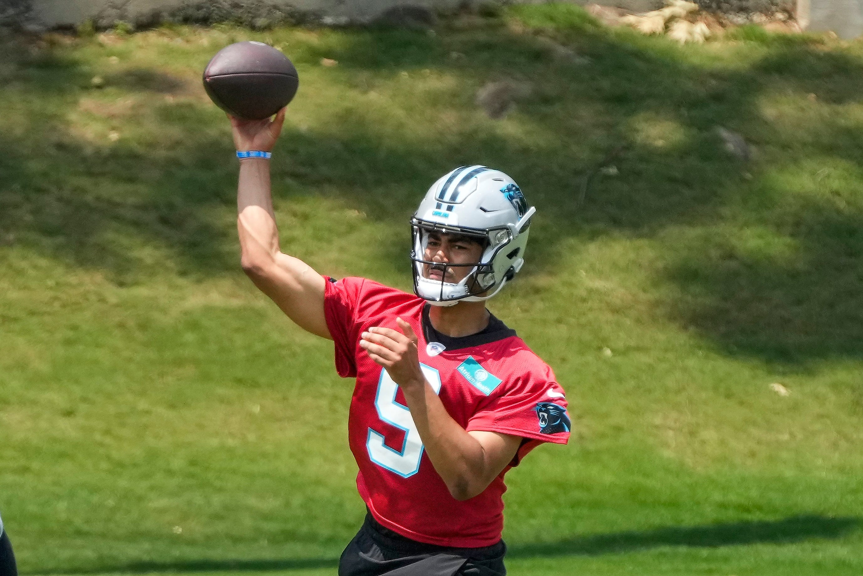 May 12, 2023; Charlotte, NC, USA; Carolina Panthers quarterback Bryce Young (9) throws during the Carolina Panthers rookie camp at the Atrium Practice Facility in Charlotte, NC.