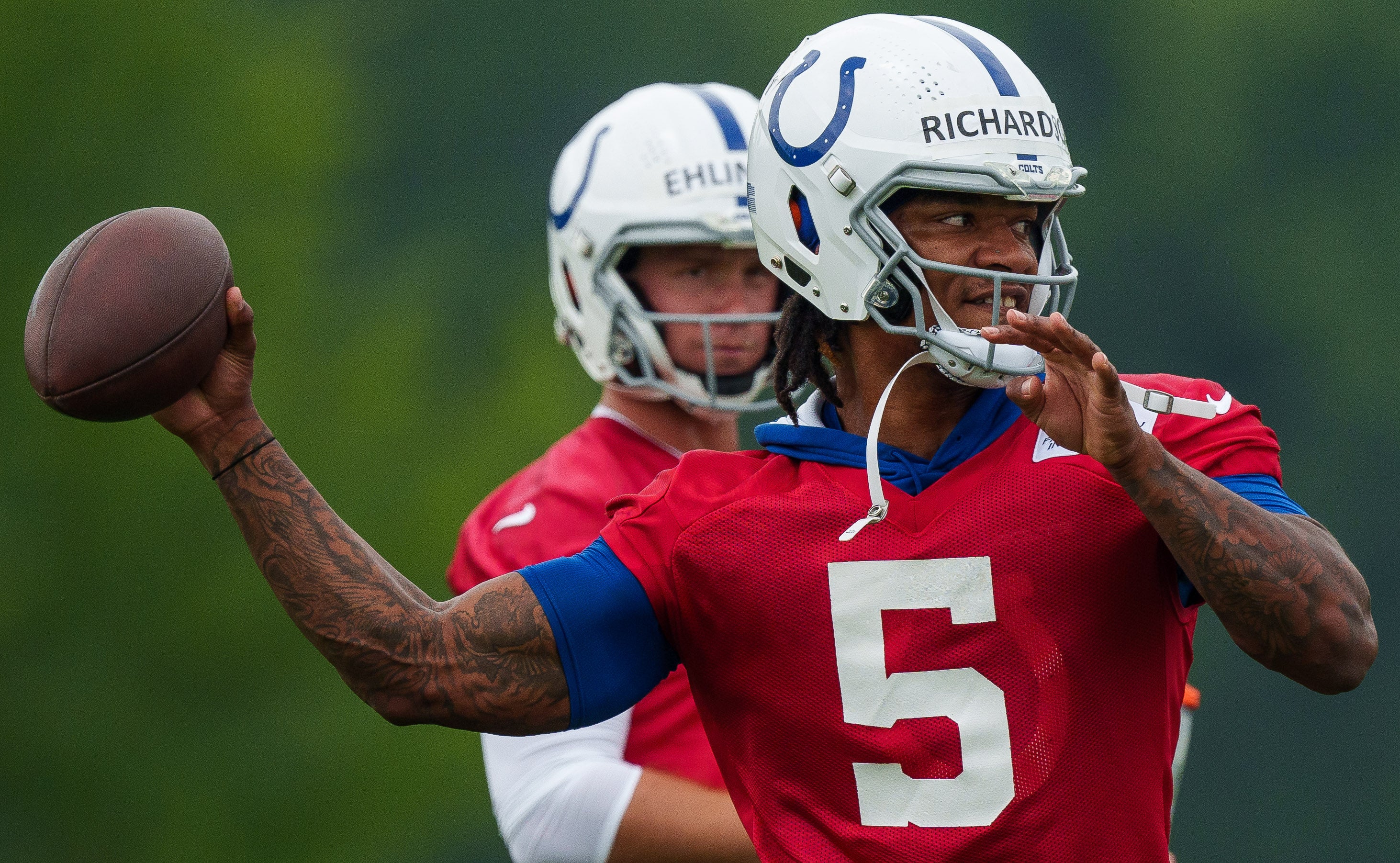 June 14, 2023; Indianapolis, IN, USA; Indianapolis Colts quarterback Anthony Richardson (5) works through passing drills Wednesday, June 14, 2023, during mandatory minicamp at the Indiana Farm Bureau Football Center in Indianapolis. Mandatory Credit: Mykal McEldowney-USA TODAY Sports
