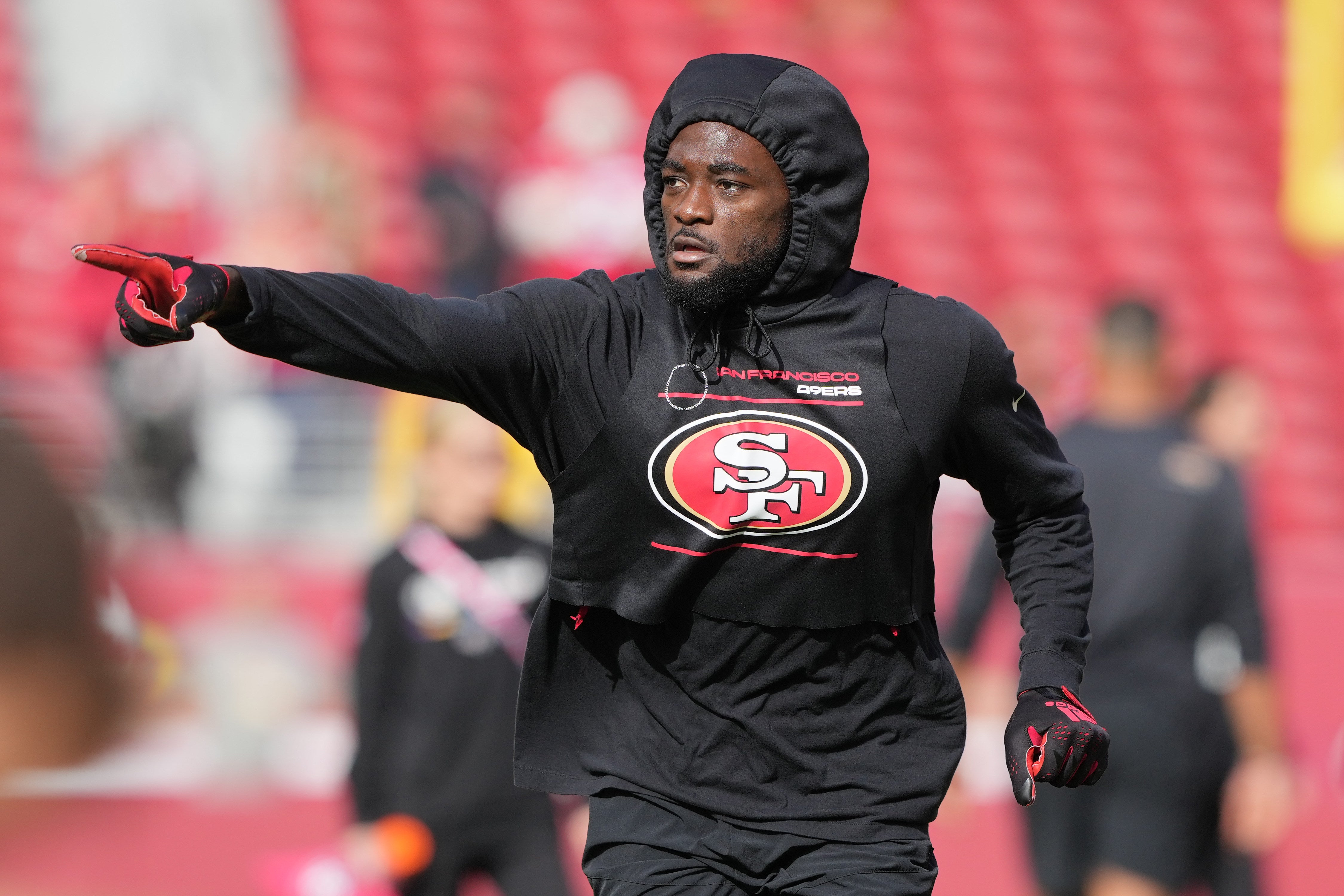 Jan 8, 2023; Santa Clara, California, USA; San Francisco 49ers wide receiver Brandon Aiyuk (11) warms up before the game against the Arizona Cardinals at Levi's Stadium. Mandatory Credit: Darren Yamashita-USA TODAY Sports