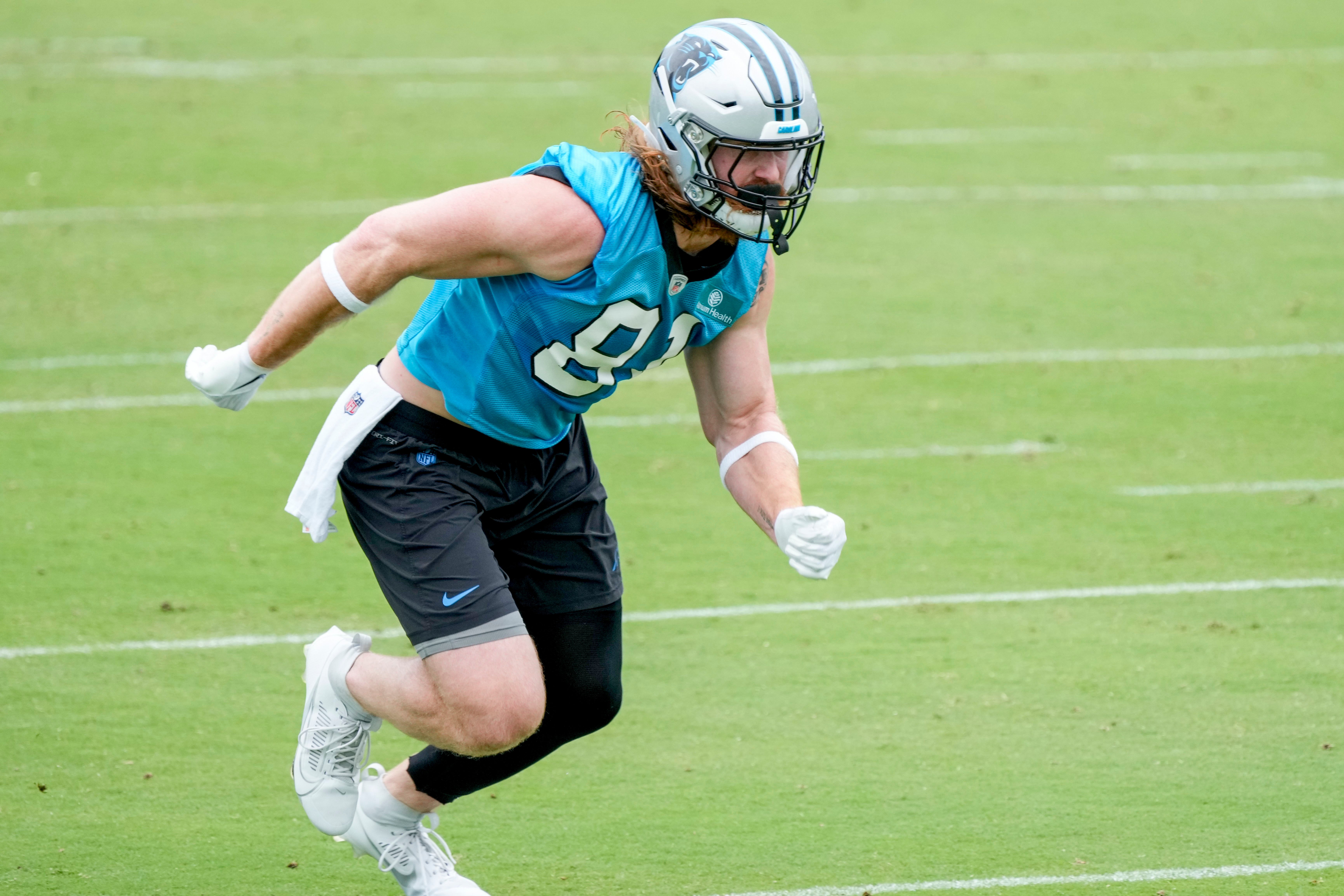 Jun 14, 2023; Charlotte, NC, USA; Carolina Panthers tight end Hayden Hurst (81) runs a route during the Carolina Panthers minicamp.