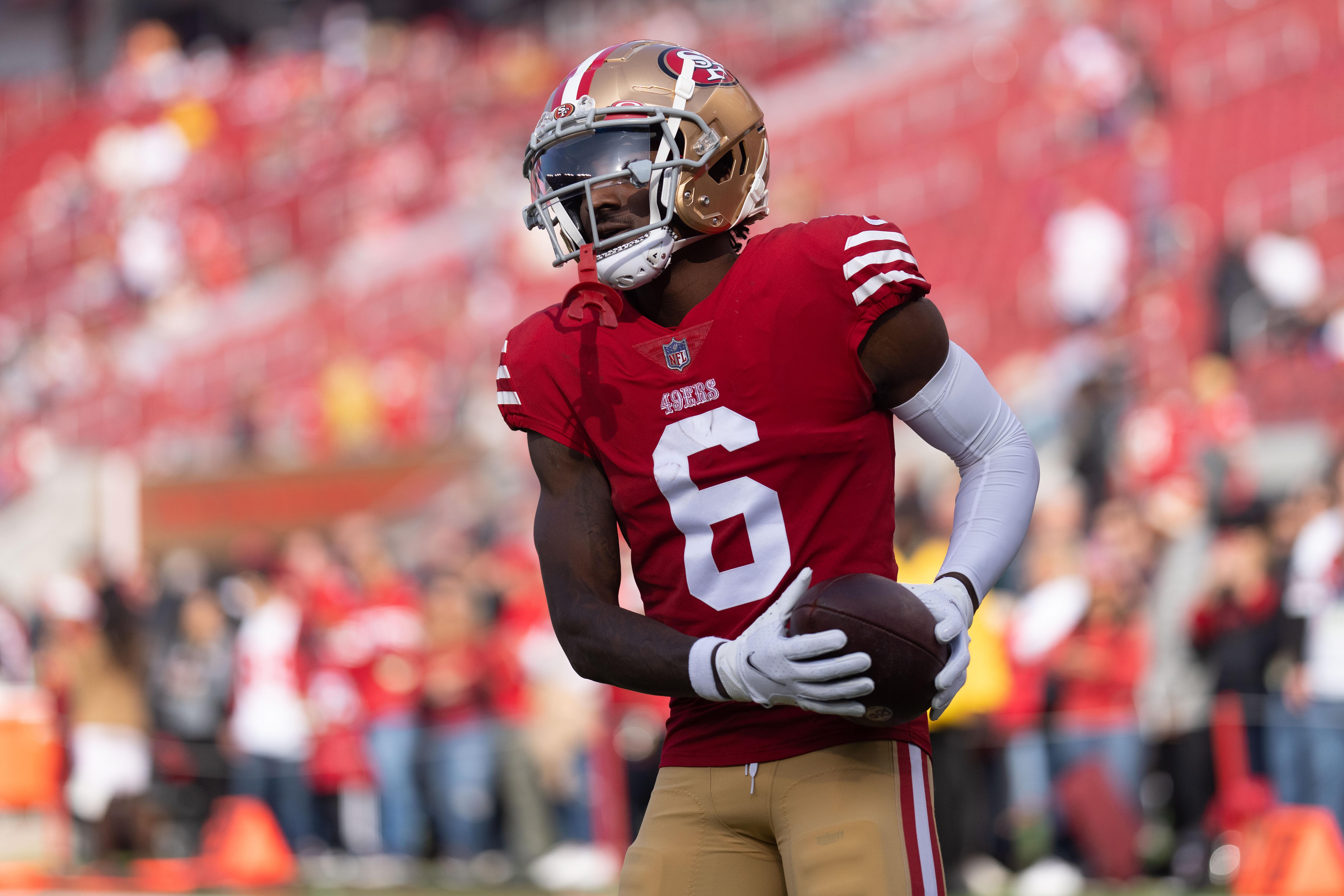 Dec 24, 2022; Santa Clara, California, USA; San Francisco 49ers wide receiver Danny Gray (6) warms up before the start of the first quarter against the Washington Commanders at Levi's Stadium. Mandatory Credit: Stan Szeto-USA TODAY Sports