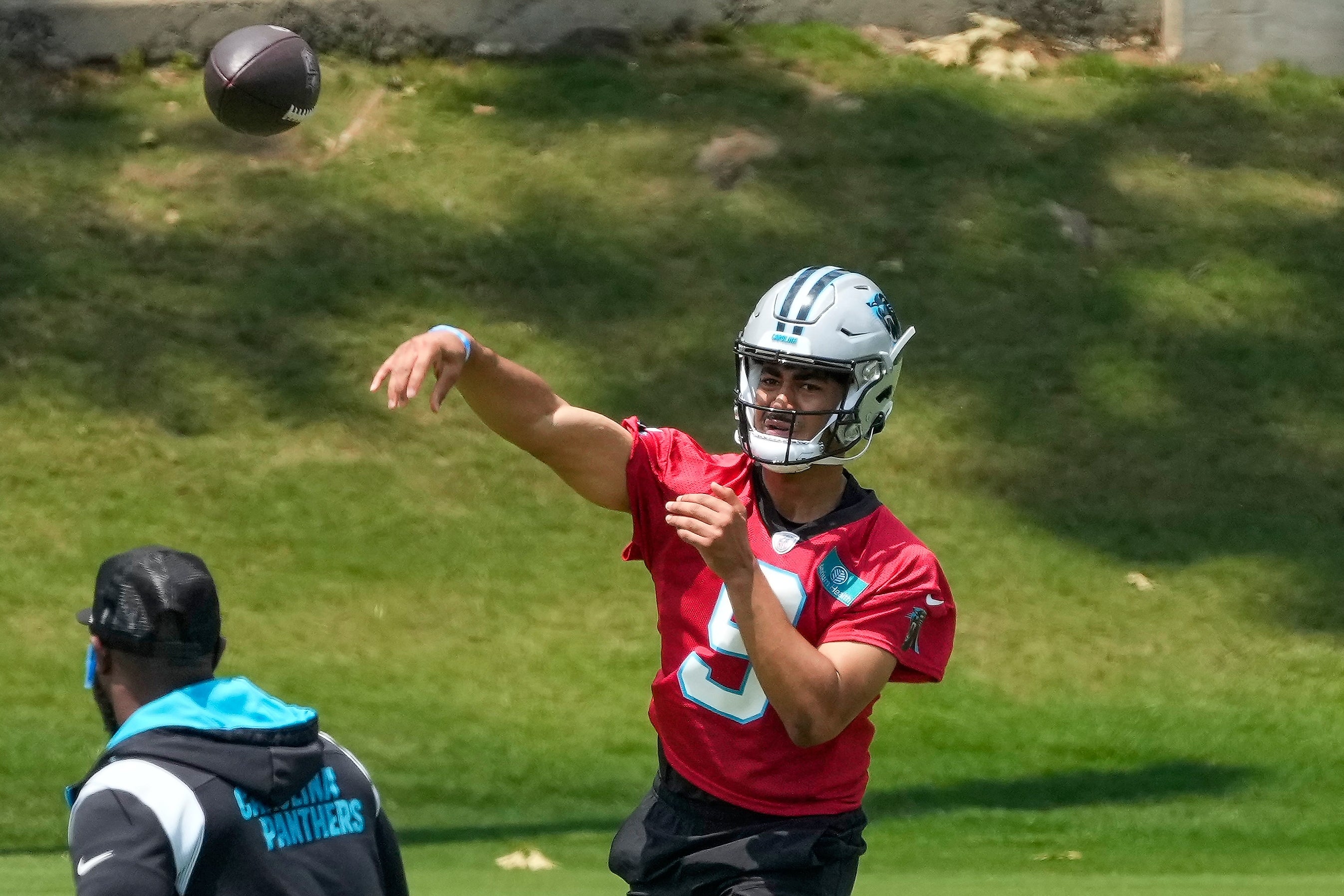 May 12, 2023; Charlotte, NC, USA; Carolina Panthers quarterback Bryce Young (9) throws during the Carolina Panthers rookie camp at the Atrium Practice Facility in Charlotte, NC.