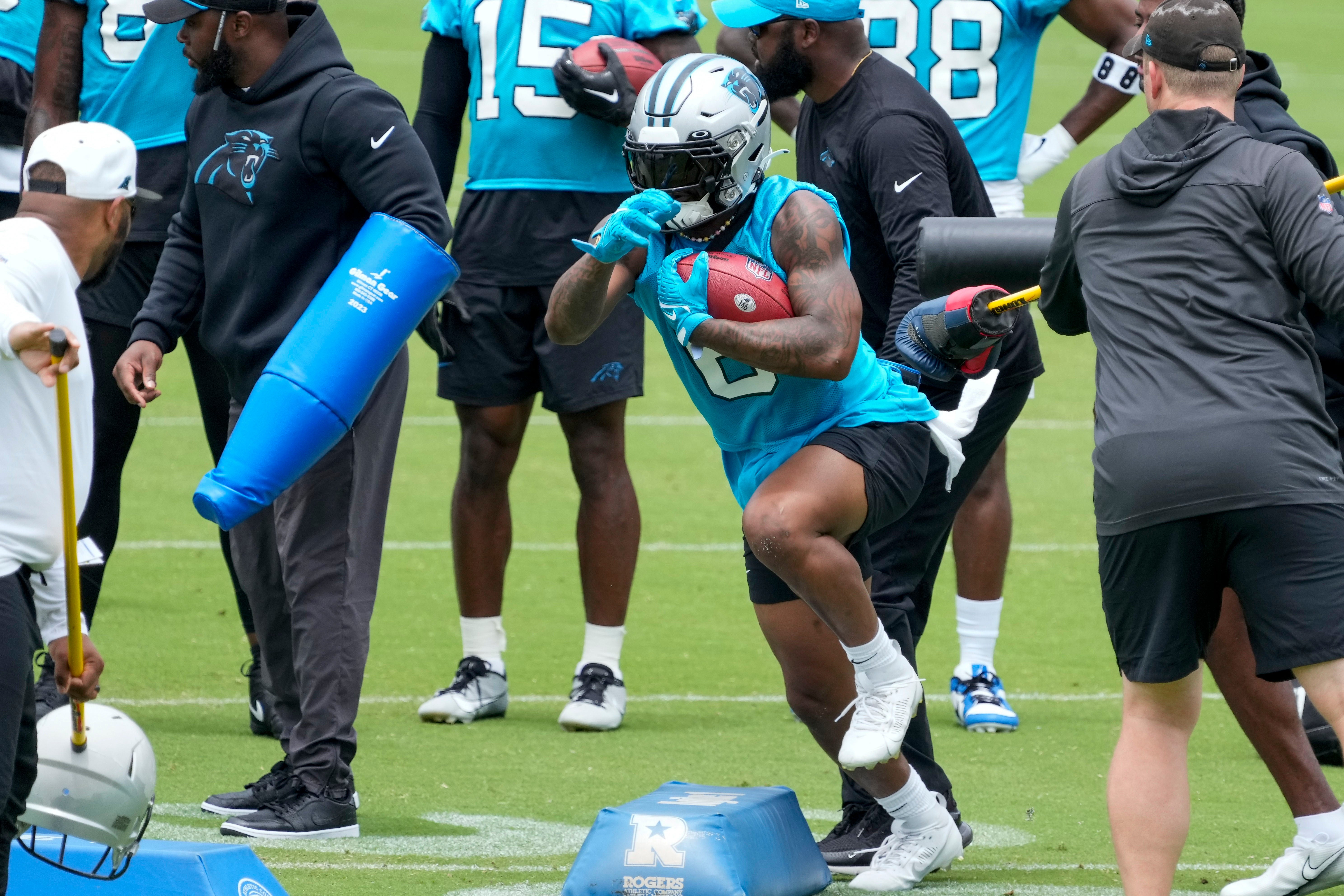 Jun 14, 2023; Charlotte, NC, USA; Carolina Panthers running back Miles Sanders (6) during a run drill during the Carolina Panthers minicamp.