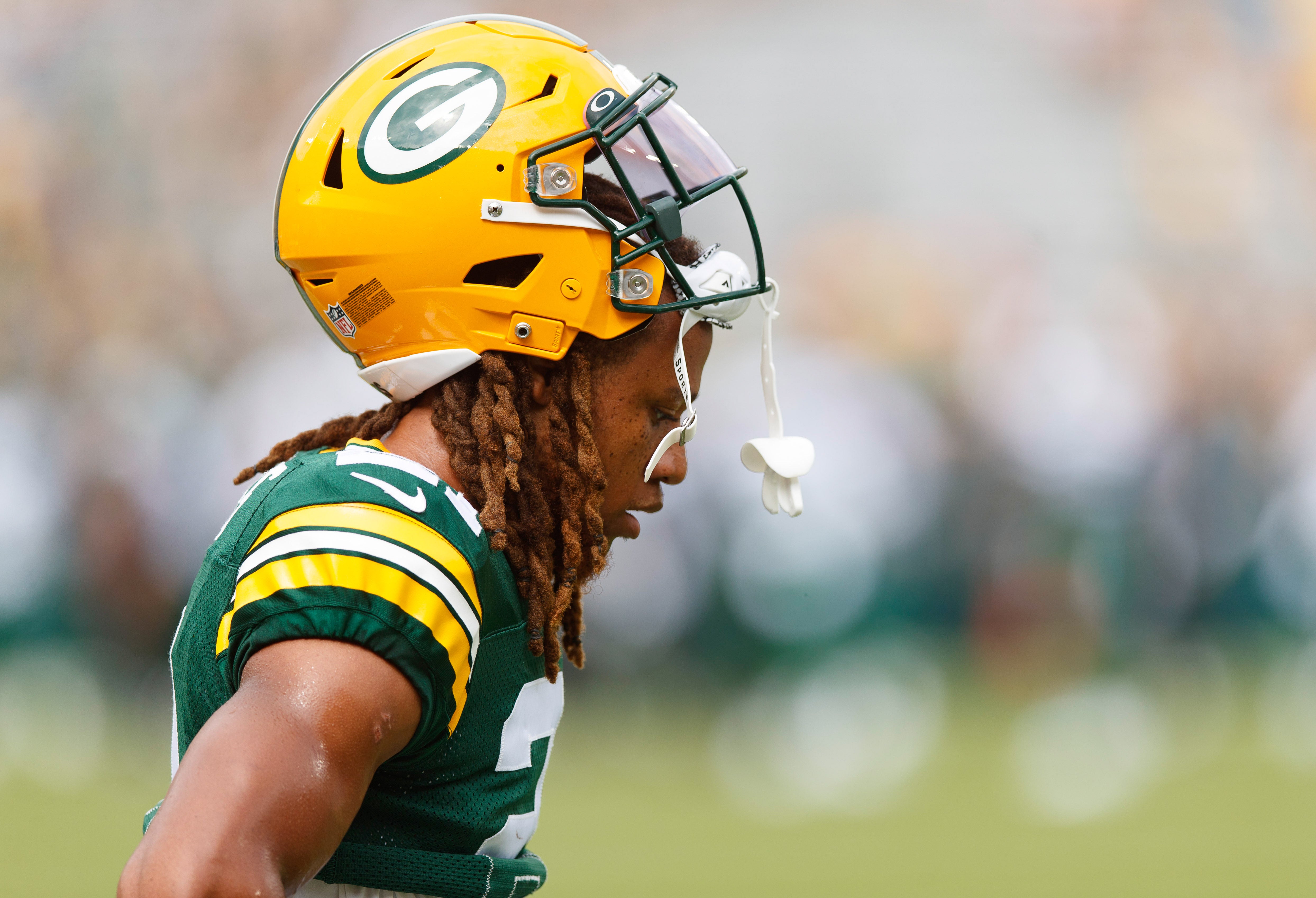 Aug 21, 2021; Green Bay, Wisconsin, USA; Green Bay Packers cornerback Eric Stokes (21) during warmups prior to the game against the New York Jets at Lambeau Field.