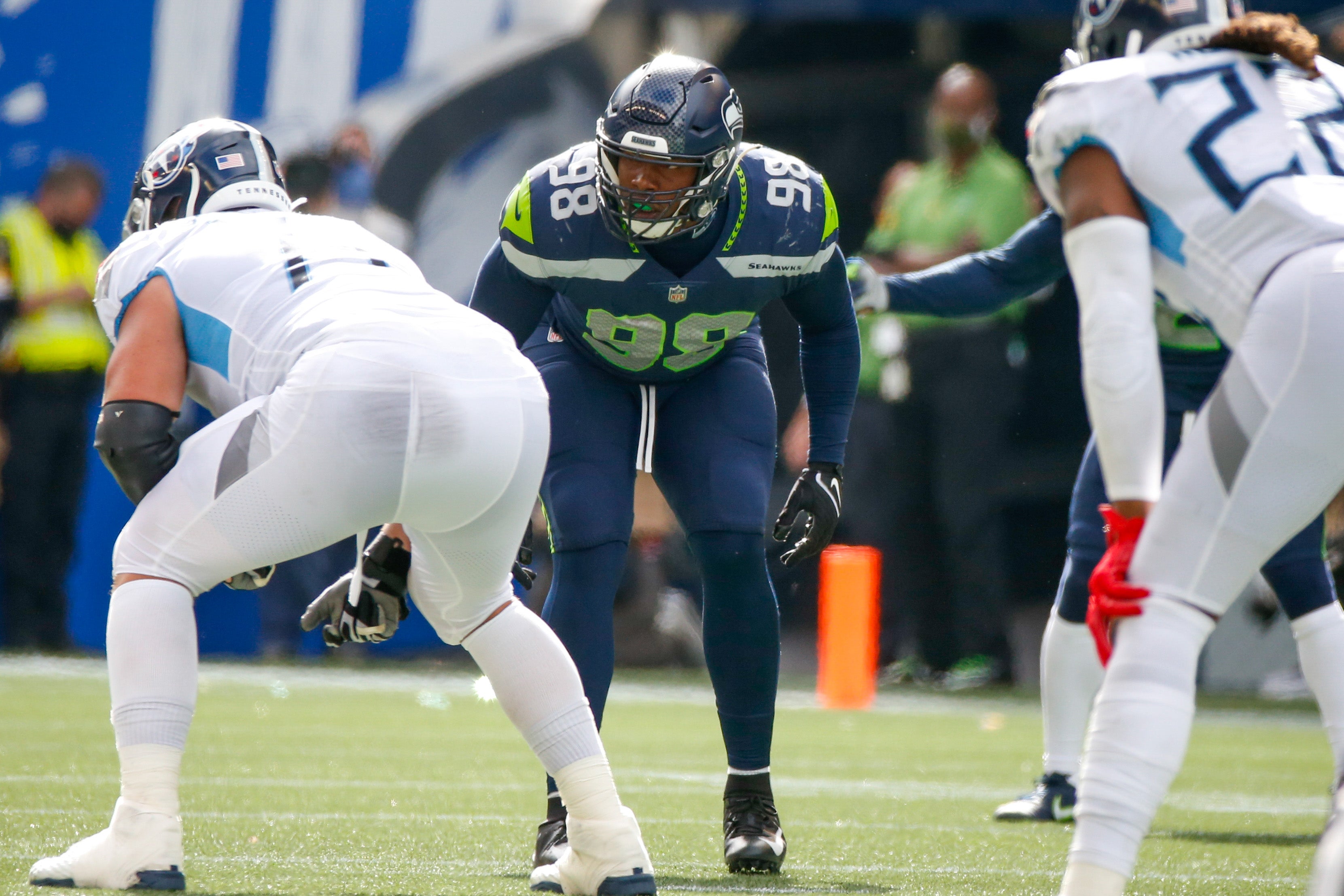 Sep 19, 2021; Seattle, Washington, USA; Seattle Seahawks defensive end Alton Robinson (98) waits for a snap against the Tennessee Titans during the second quarter at Lumen Field. Mandatory Credit: Joe Nicholson-USA TODAY Sports