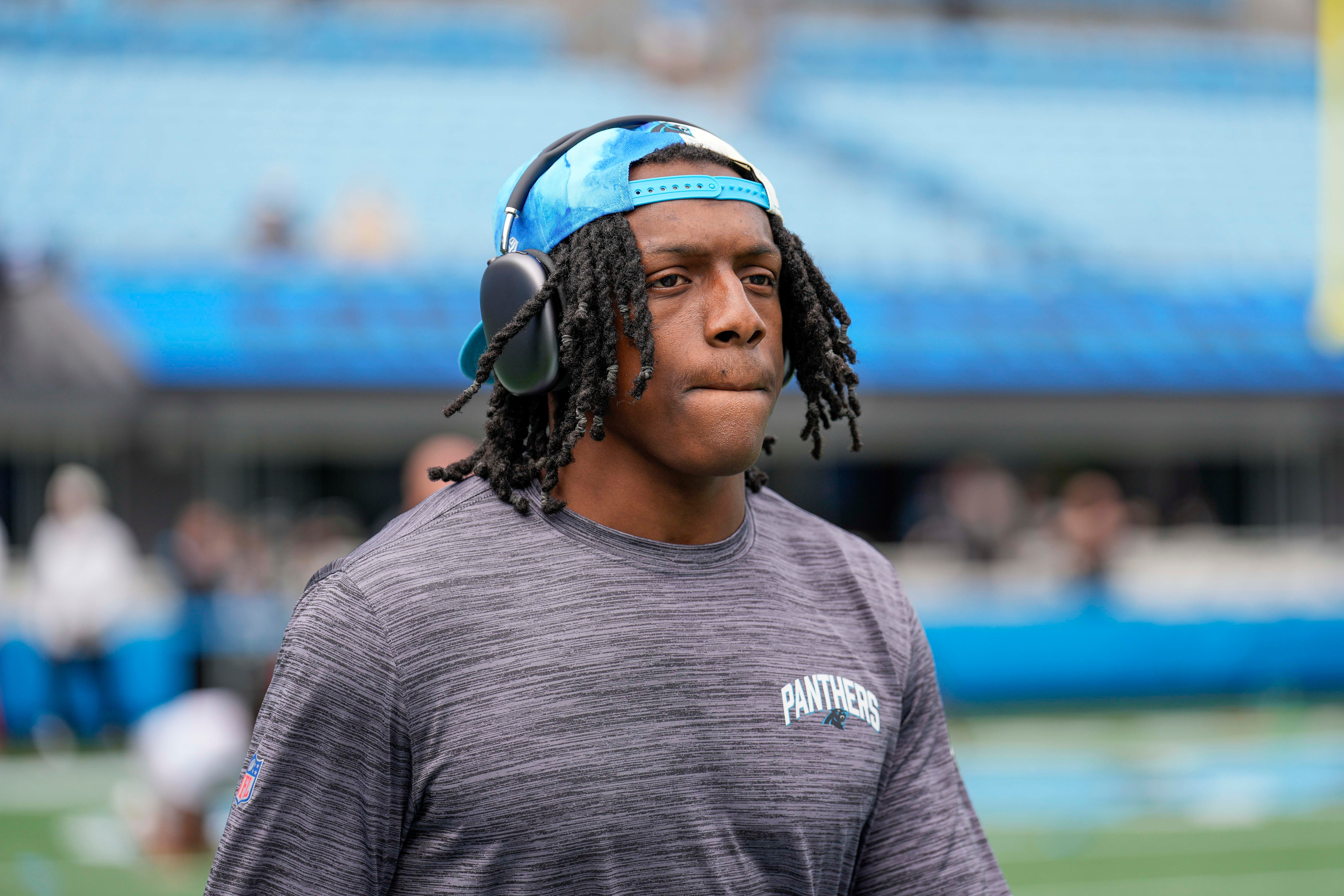 Oct 2, 2022; Charlotte, North Carolina, USA; Carolina Panthers cornerback Jaycee Horn (8) during pregame activity against the Arizona Cardinals at Bank of America Stadium.