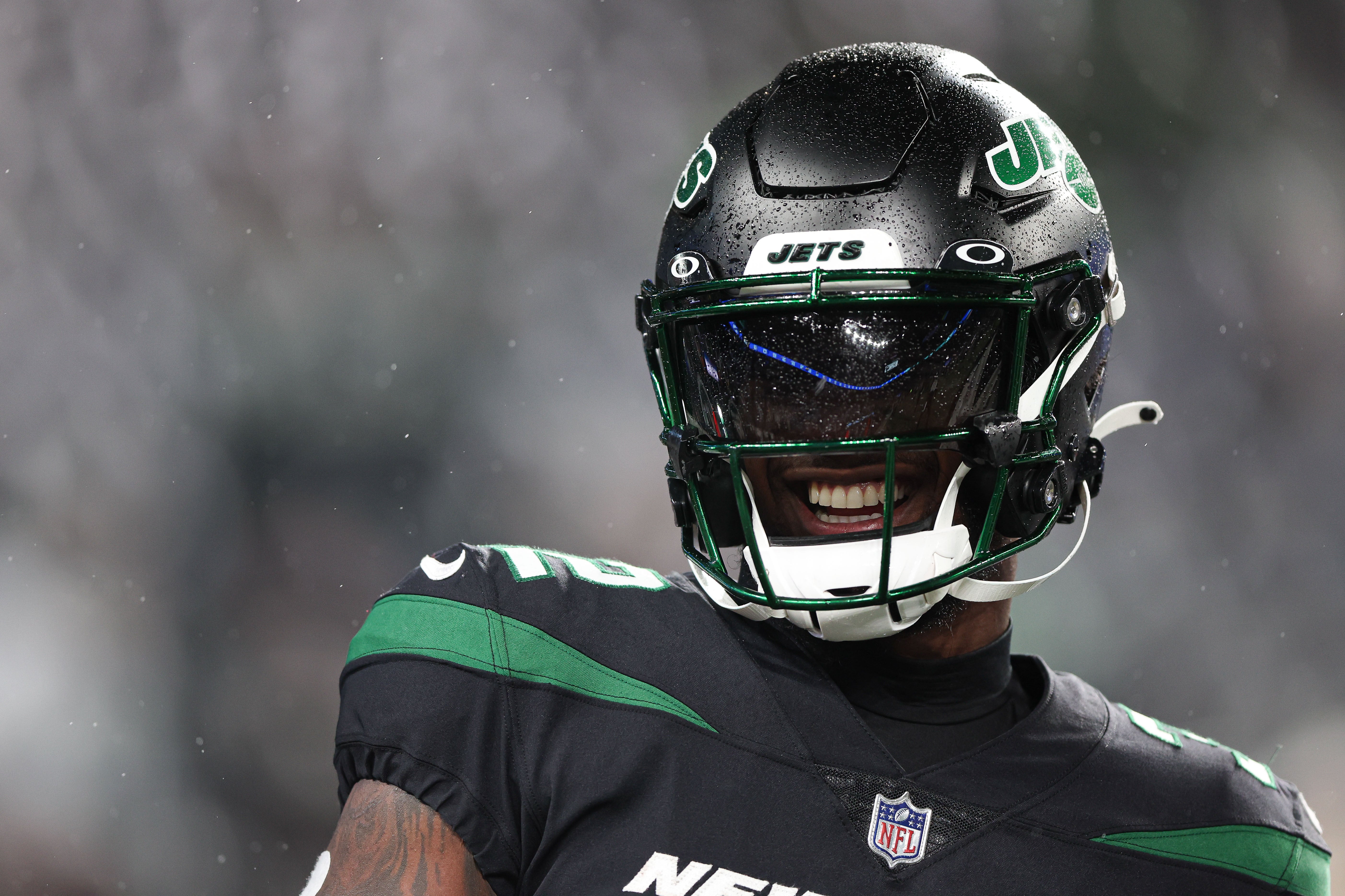 New York Jets running back Michael Carter (32) reacts before the game against the Jacksonville Jaguars at MetLife Stadium.