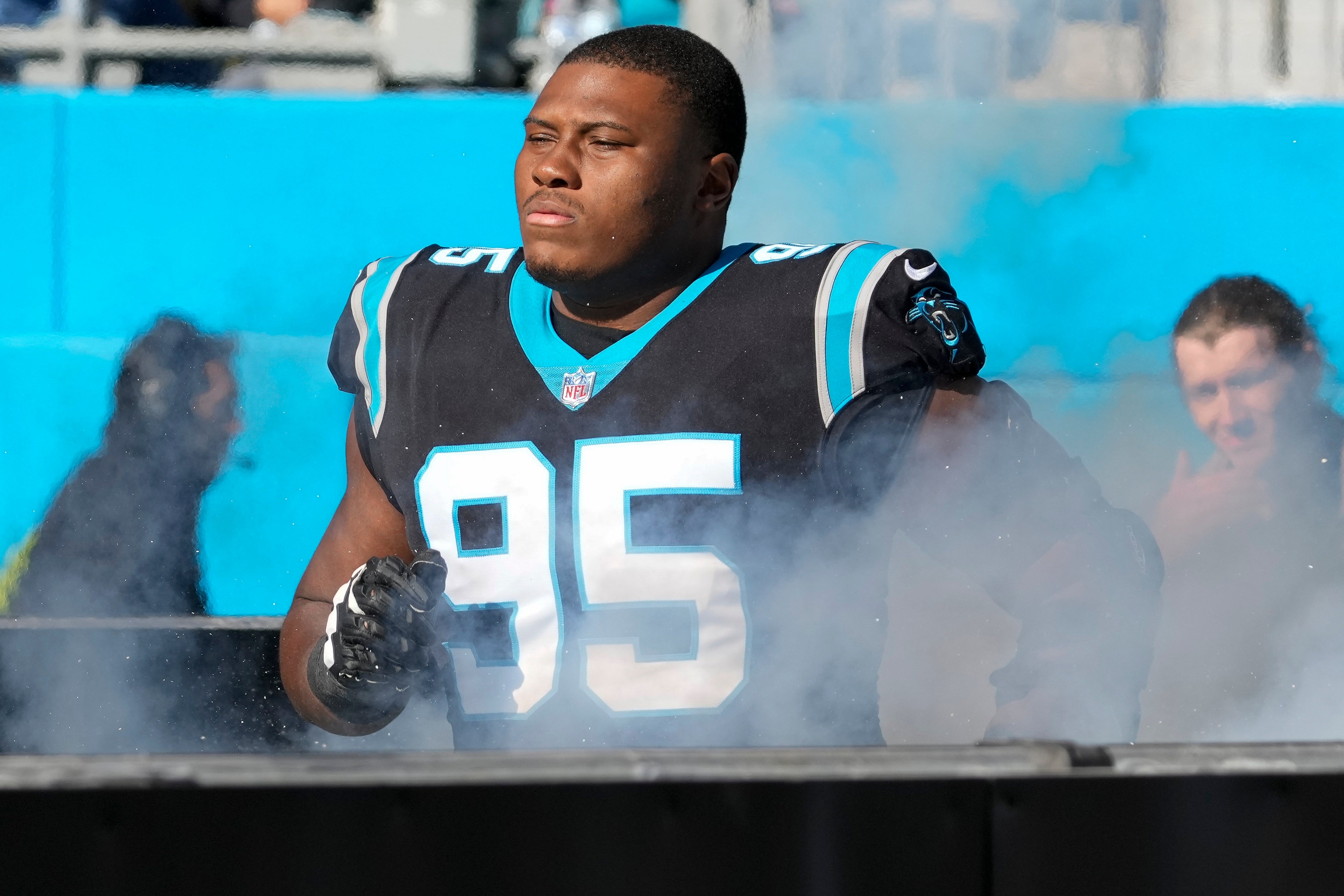 Dec 18, 2022; Charlotte, North Carolina, USA; Carolina Panthers defensive tackle Derrick Brown (95) takes the field during the first quarter against the Pittsburgh Steelers at Bank of America Stadium.