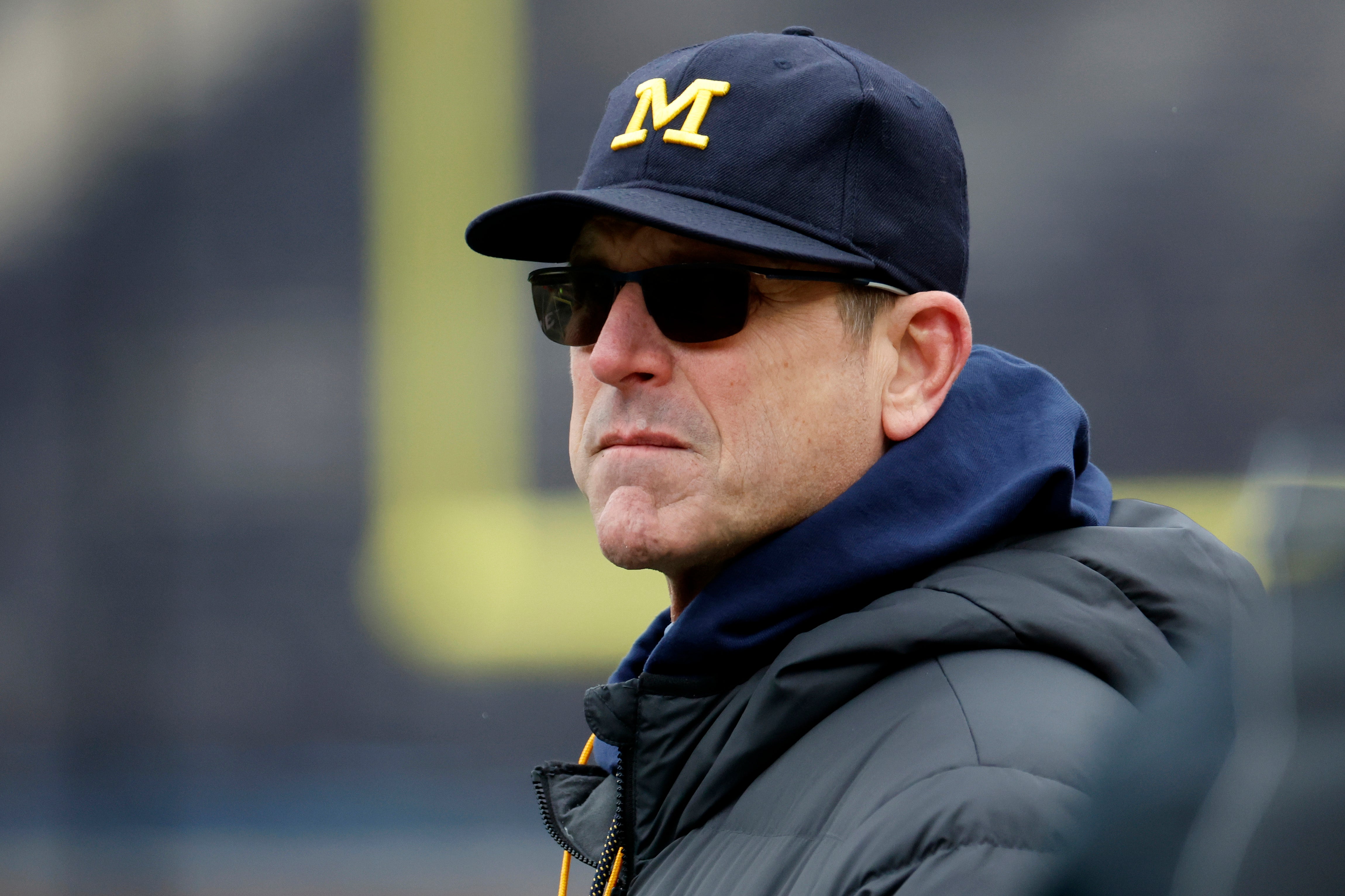 Apr 1, 2023; Ann Arbor, MI, USA; Michigan Wolverines head coach Jim Harbaugh on the sideline during the Spring Game at Michigan Stadium. Mandatory Credit: Rick Osentoski-USA TODAY Sports