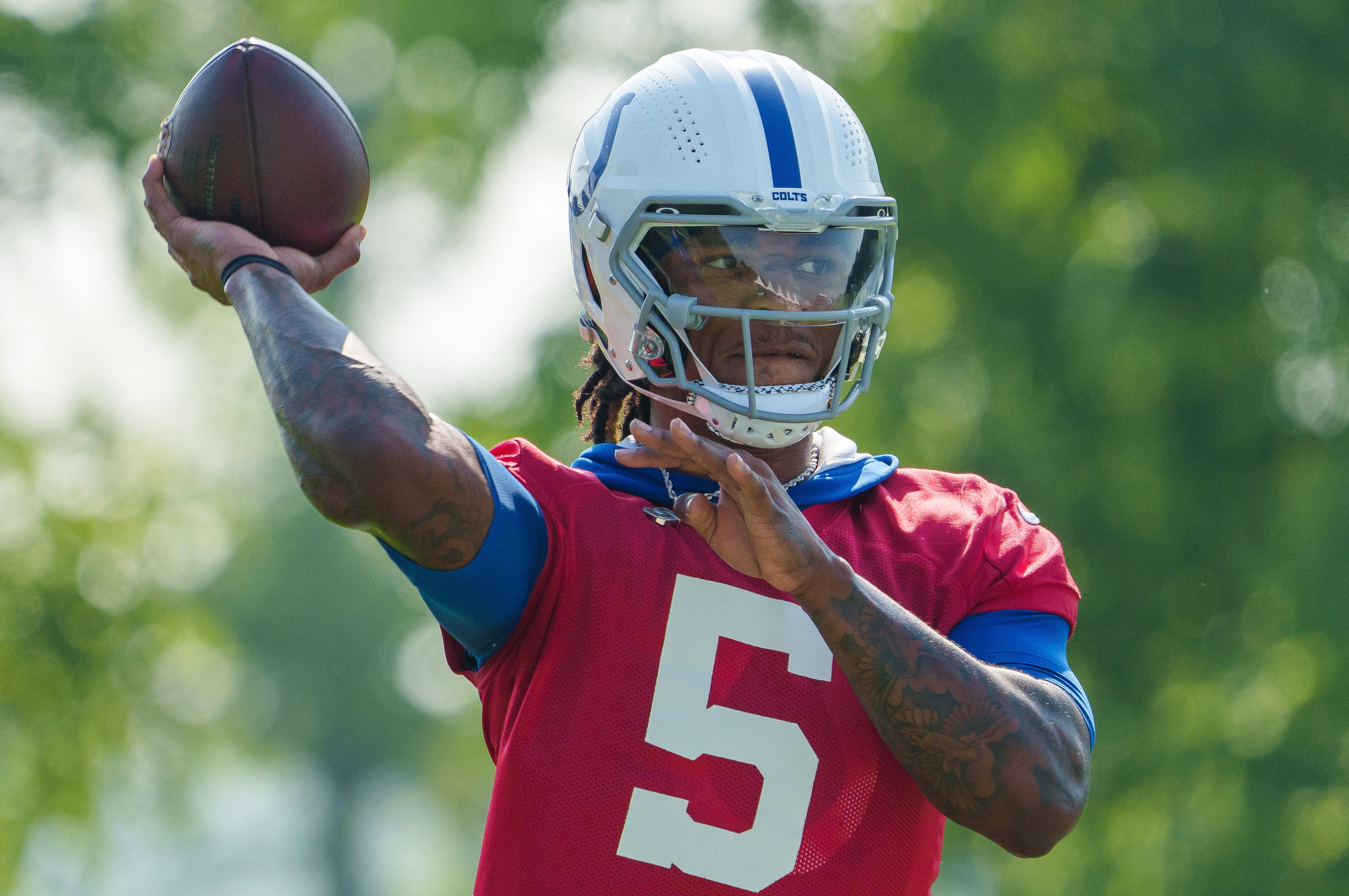Jul 26, 2023; Westfield, IN, USA; Indianapolis Colts quarterback Anthony Richardson (5) works through drills during the first day of training camp practice at Grand Park Sports Campus.